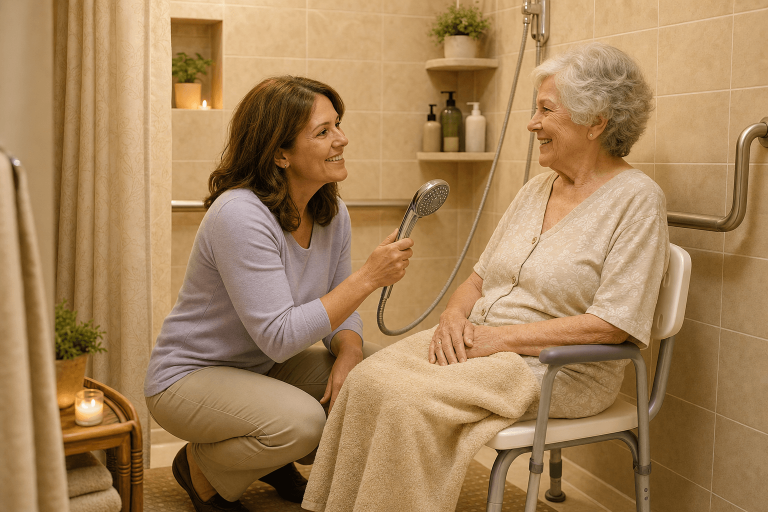 A warm, realistically illustrated bathroom scene showing a middle-aged caregiver seated beside a shower chair where an older woman with silver hair sits comfortably. The caregiver holds a handheld showerhead at eye level with a calm expression. A grab bar is visible on the tiled wall, a non-slip mat on the floor, and a soft towel draped across the senior's lap. Warm ambient lighting.