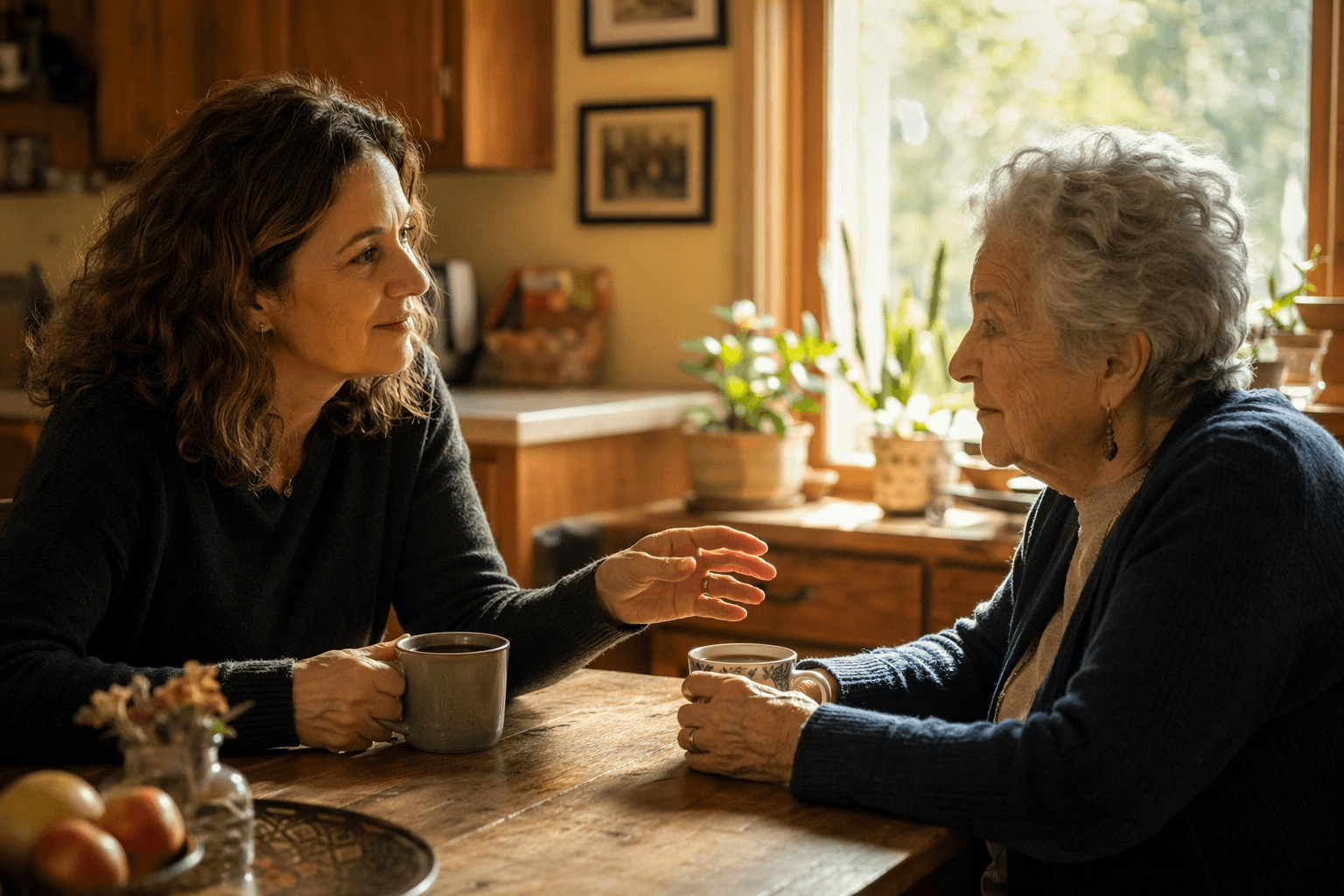 An adult child in their late 40s sits at a home kitchen table across from an older parent, both with coffee cups in warm natural light from a window. The adult child reaches a hand gently across the table toward the parent.