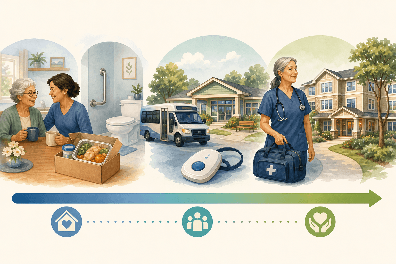 A horizontal spectrum illustration showing senior help services arranged from low support at home to high support.