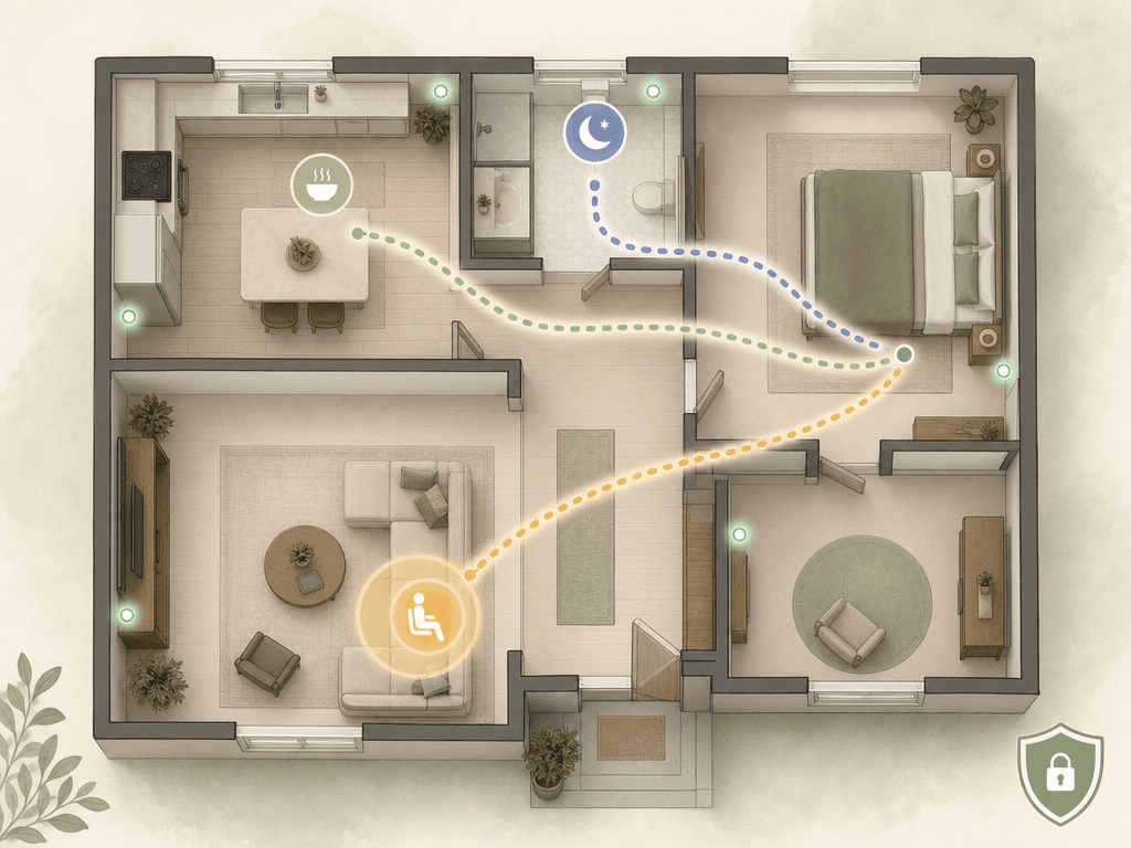 Floor plan illustration showing sensor locations and movement paths in a single-story home.