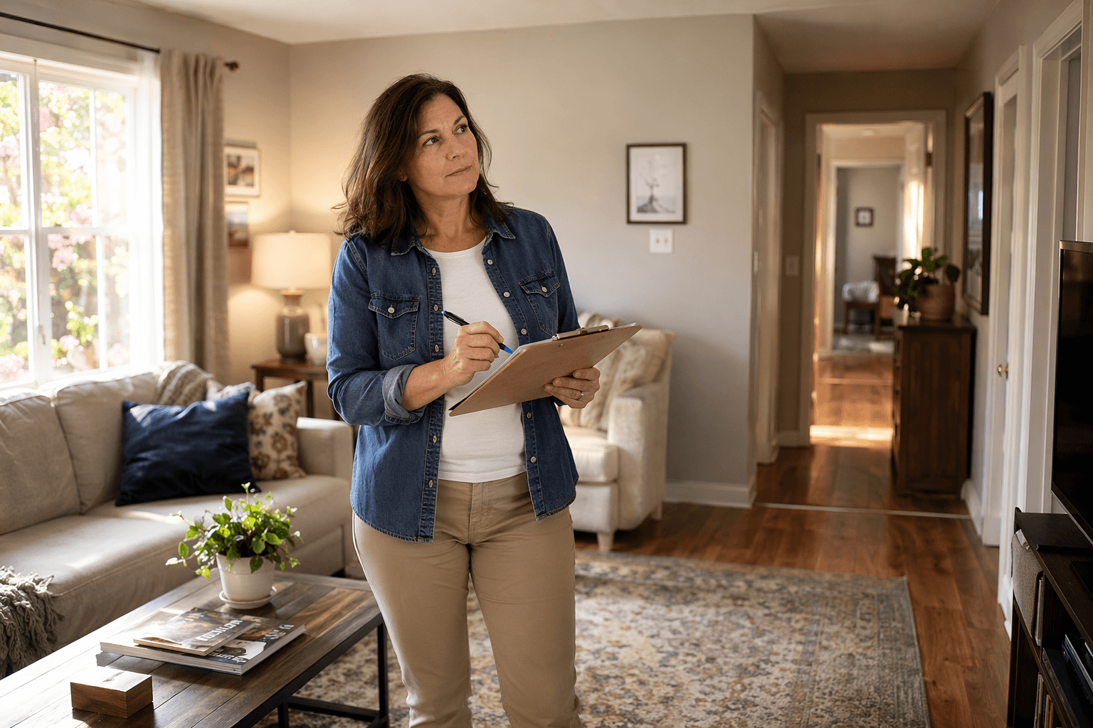 Adult daughter using a clipboard to assess home safety hazards in a living room