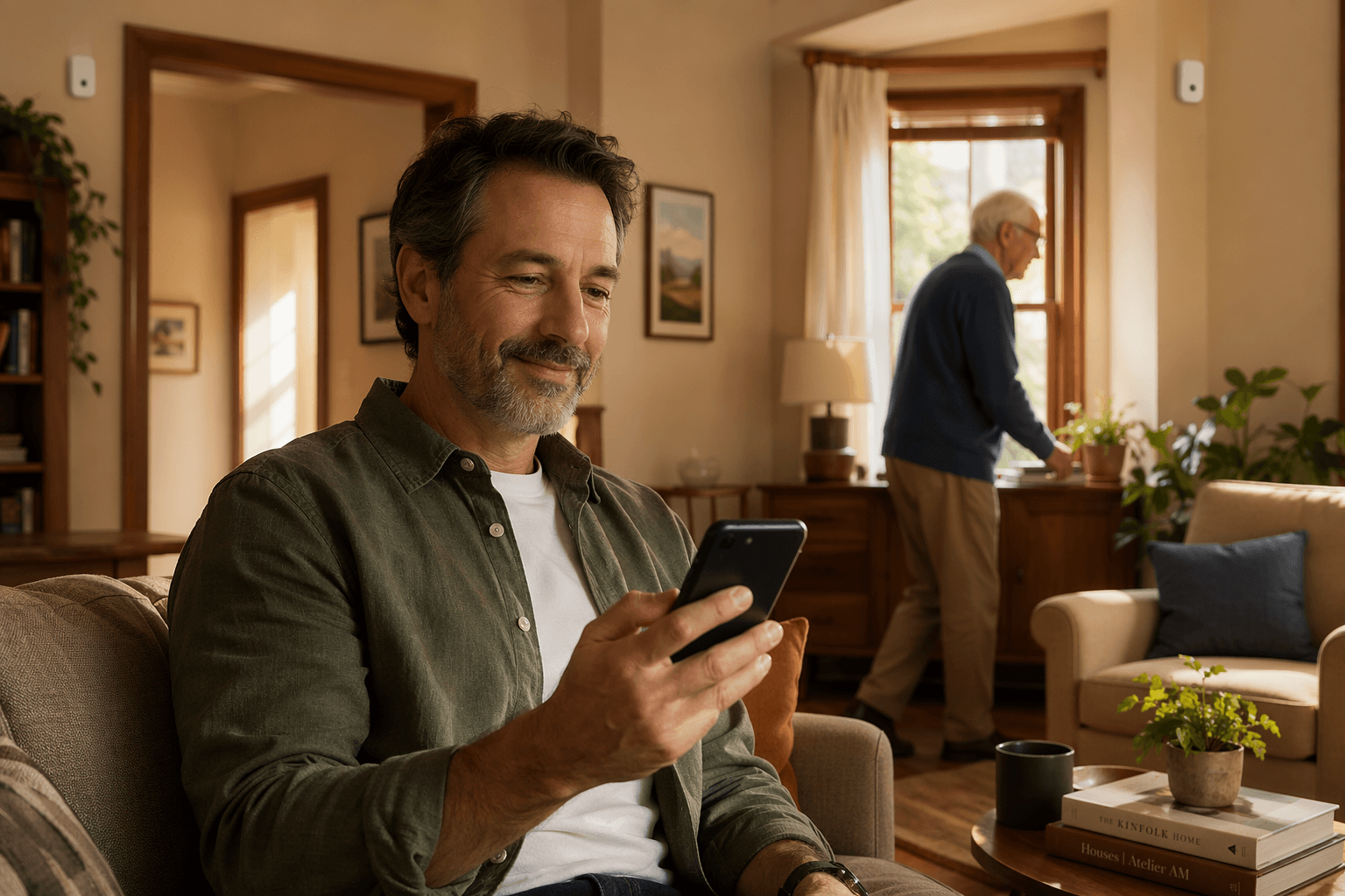 A sunlit living room with an adult child looking calmly at a smartphone while a senior parent moves naturally in the background. Subtle wall-mounted sensors are visible.