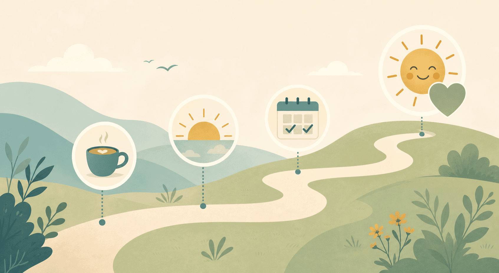 A winding path illustration with four waypoints: a coffee cup for a trial visit, a half-sun for a short half-day, a calendar with two checkmarks for two days per week, and a smiling sun with a heart for full adjustment.