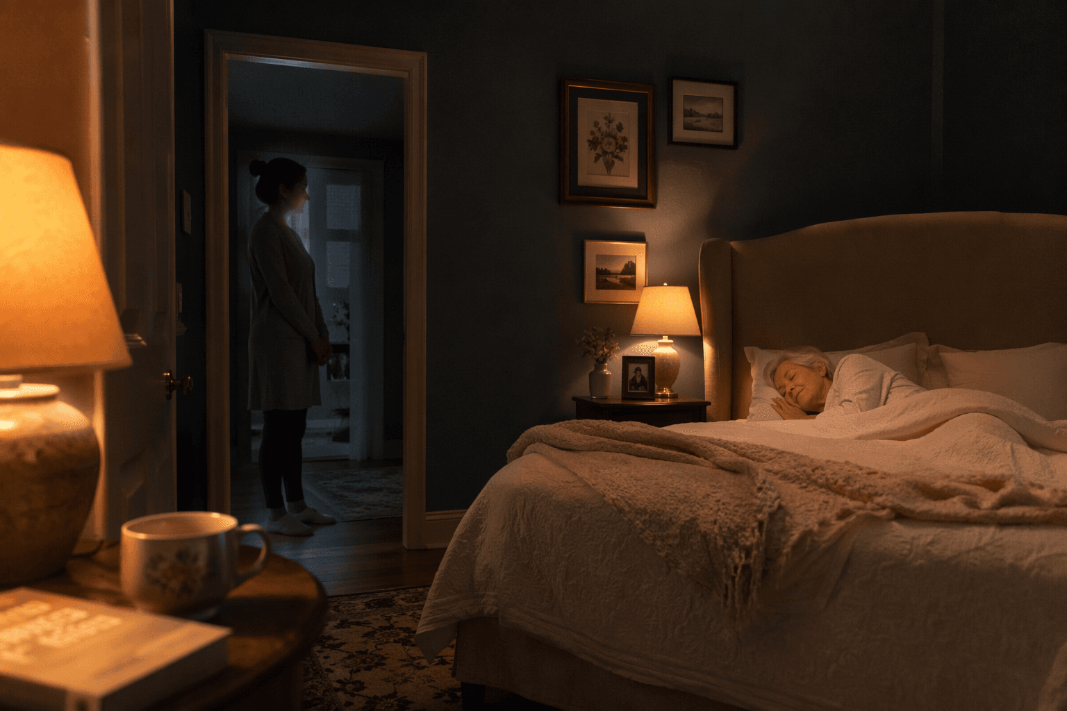 A dimly lit bedroom at night with an older adult sleeping peacefully in bed. Near the doorway, a soft amber lamp glows on a small table beside an armchair with a book and a mug of tea, suggesting a caregiver's quiet presence.