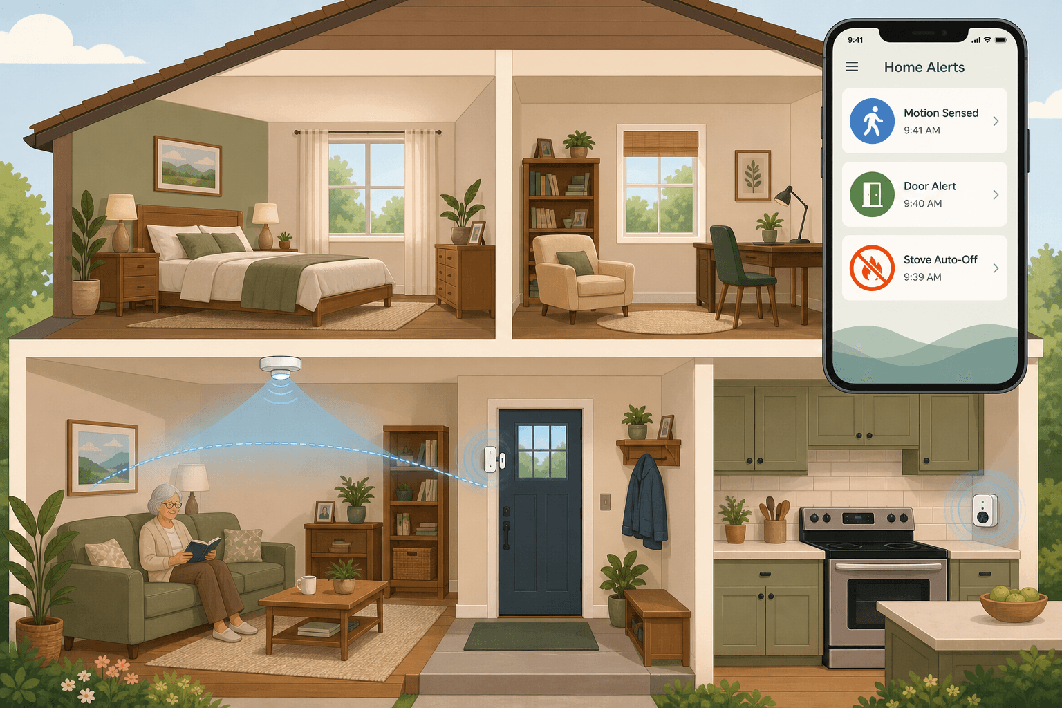 Cutaway illustration of a two-story home with a ceiling motion sensor, a door sensor on the front door, a stove sensor in the kitchen, and a smartphone showing alert icons for motion, door, and stove shut-off.