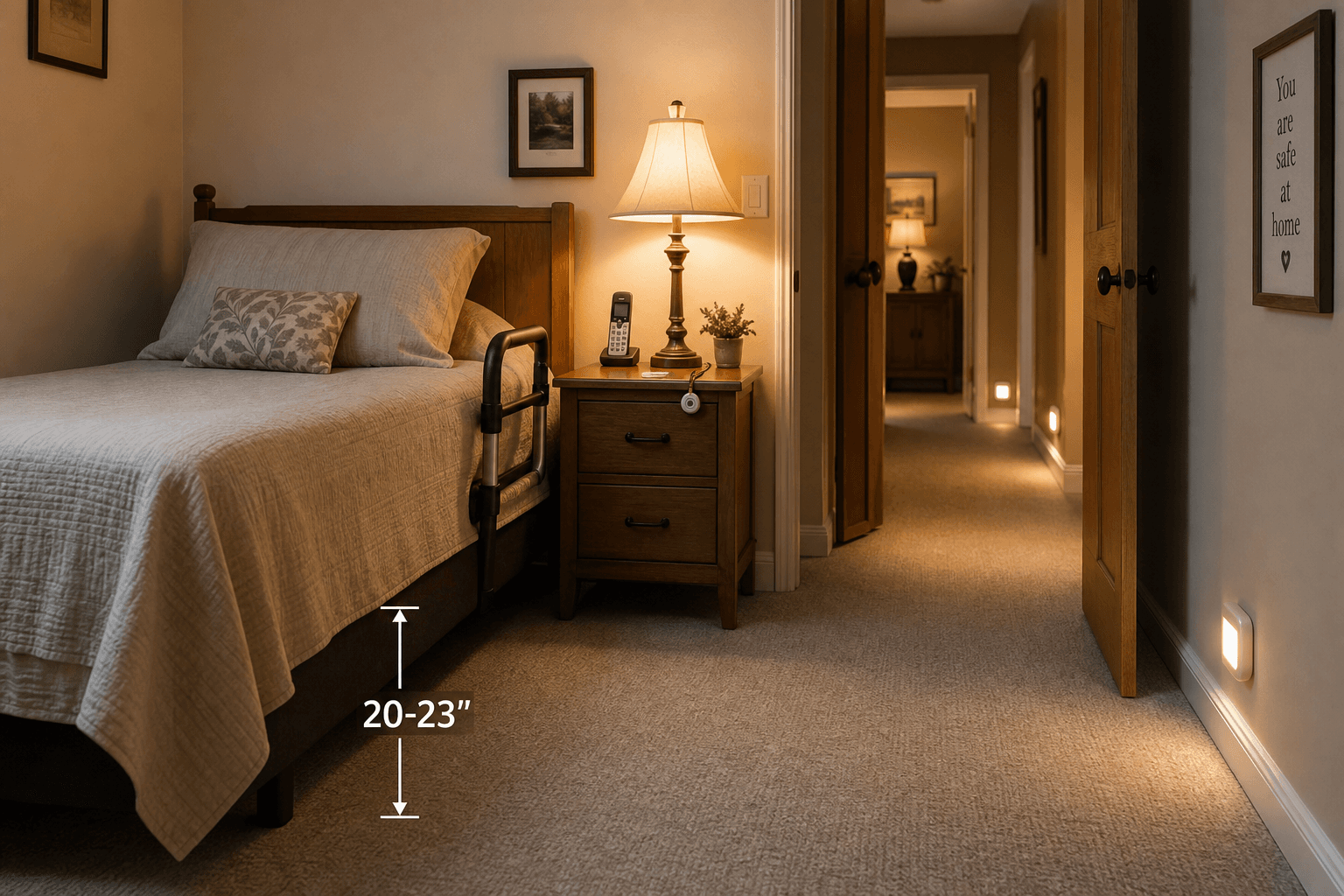 A warm, softly lit senior-friendly bedroom at nighttime showing a bed at safe height with feet visible on the floor, a sturdy bed rail attached near the bedside, motion-sensor nightlights glowing along a clear unobstructed pathway from the bed toward a doorway, and a bedside table with a lamp, phone, and medical alert pendant within arm's reach on non-slip low-pile carpet with no clutter or throw rugs.