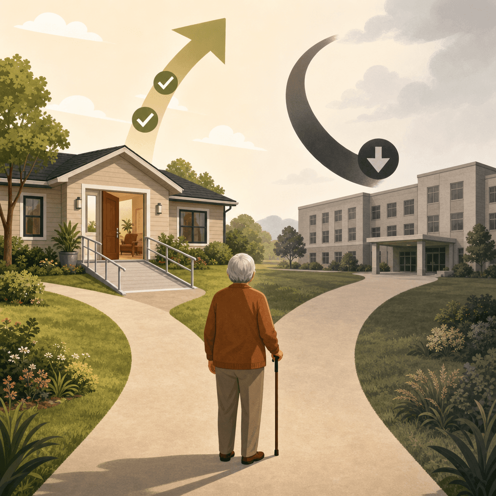 Decision fork illustration: one path leads to a warm single-story accessible home with wide doors and ramp, the other to an institutional care facility.