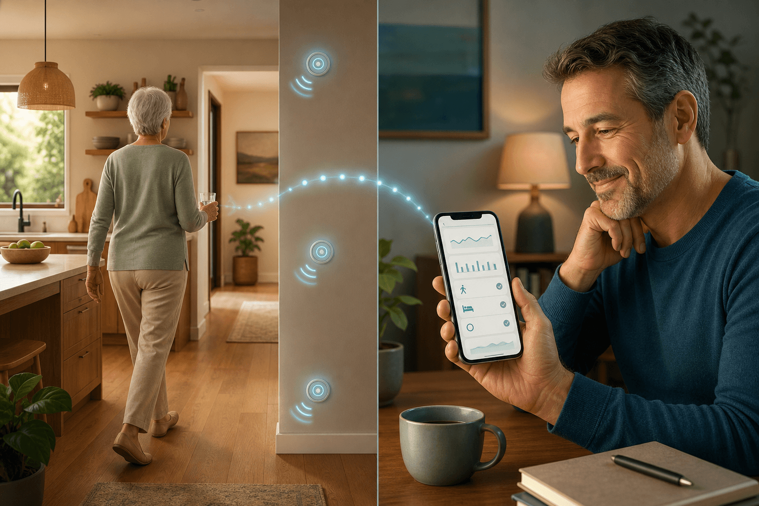 Split-scene illustration: left side shows a warmly-lit home kitchen with an older adult and discreet blue-glowing sensor icons on the wall; right side shows a calm middle-aged caregiver viewing an activity-summary dashboard on a smartphone, connected by a soft data-stream line.