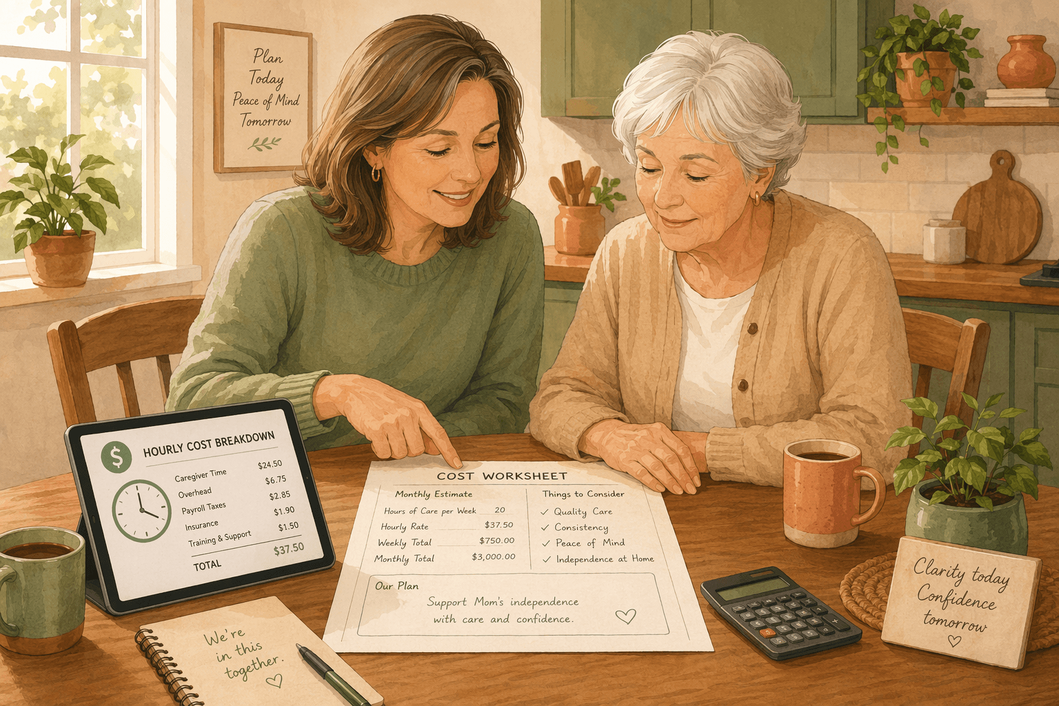 A middle-aged daughter and her silver-haired mother sit at a sunlit wooden kitchen table reviewing a cost worksheet together, with coffee mugs, a tablet showing an hourly cost breakdown graphic, and a calculator on the table; the scene conveys calm, collaborative financial planning in soft earth tones.