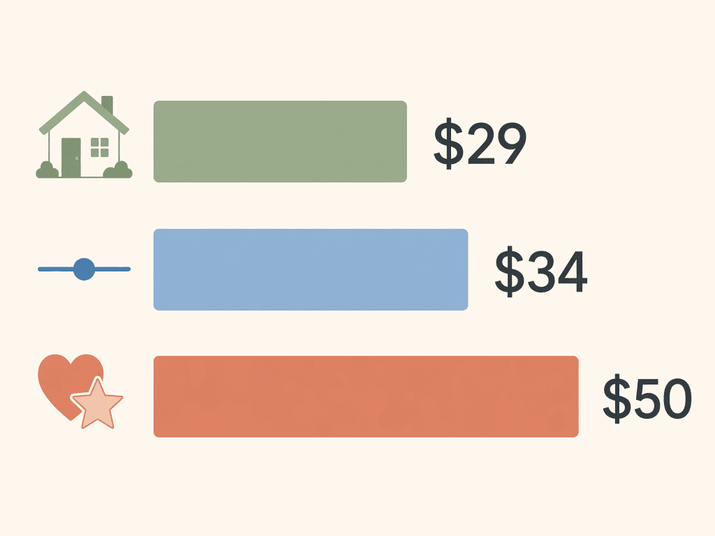 A clean horizontal bar chart style illustration with three colored bars: a soft green bar labeled $29 with a house icon, a soft blue bar labeled $34 with a median line icon, and a warm terracotta bar labeled $50 with a heart icon, representing the home care pricing range from lower-cost to higher-cost locations.