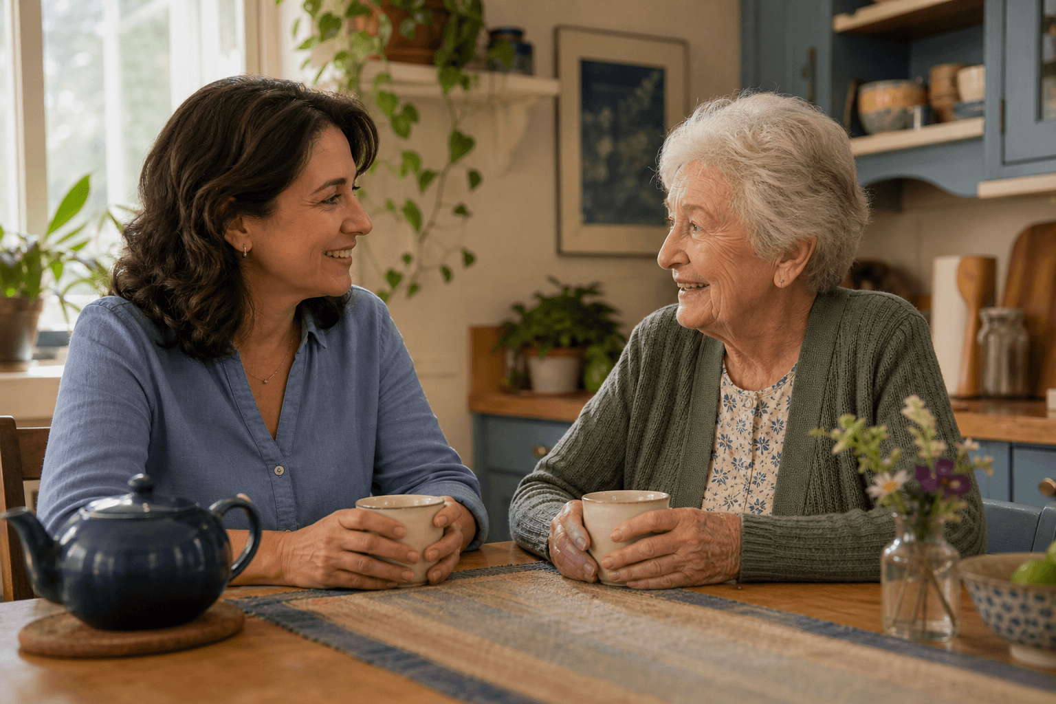A middle-aged adult daughter and her elderly mother sit facing each other at a cozy home kitchen table, engaged in genuine conversation over tea.