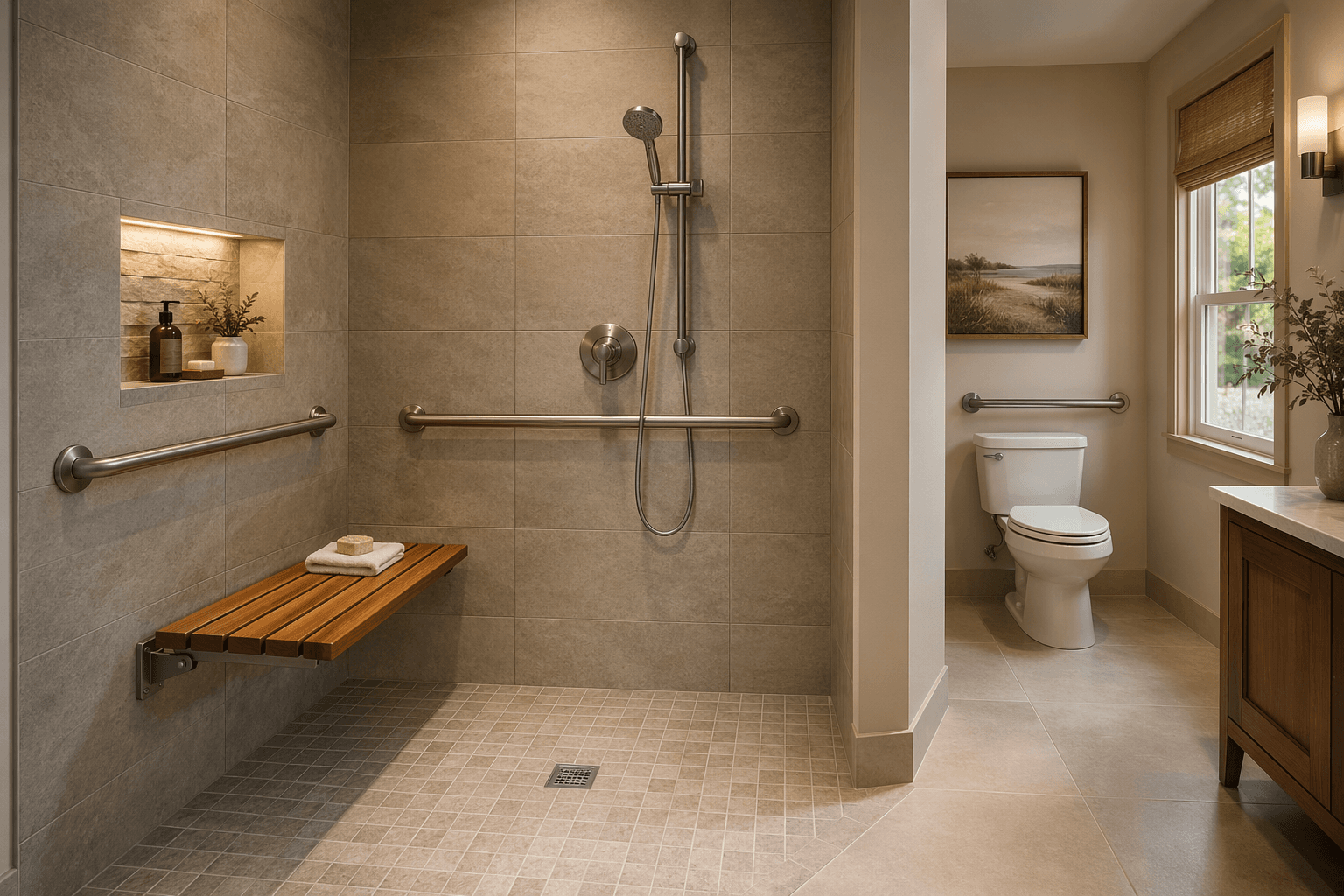 A warm, residential bathroom with a curbless walk-in shower featuring a teak fold-down bench, brushed nickel grab bars on two walls, and a handheld showerhead on a sliding bar.