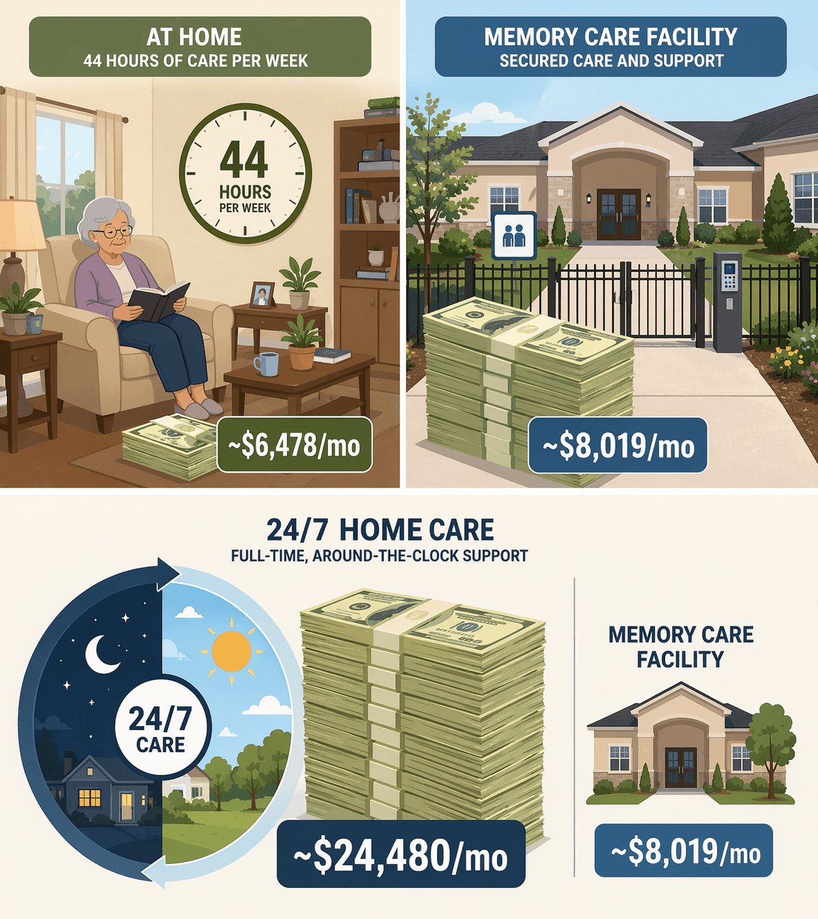 An editorial comparison illustration showing a home scene with a 44-hour clock and modest bill stack next to a memory care facility with a higher bill stack, and below, a night-and-day cycle with a very large bill stack representing 24/7 home care.