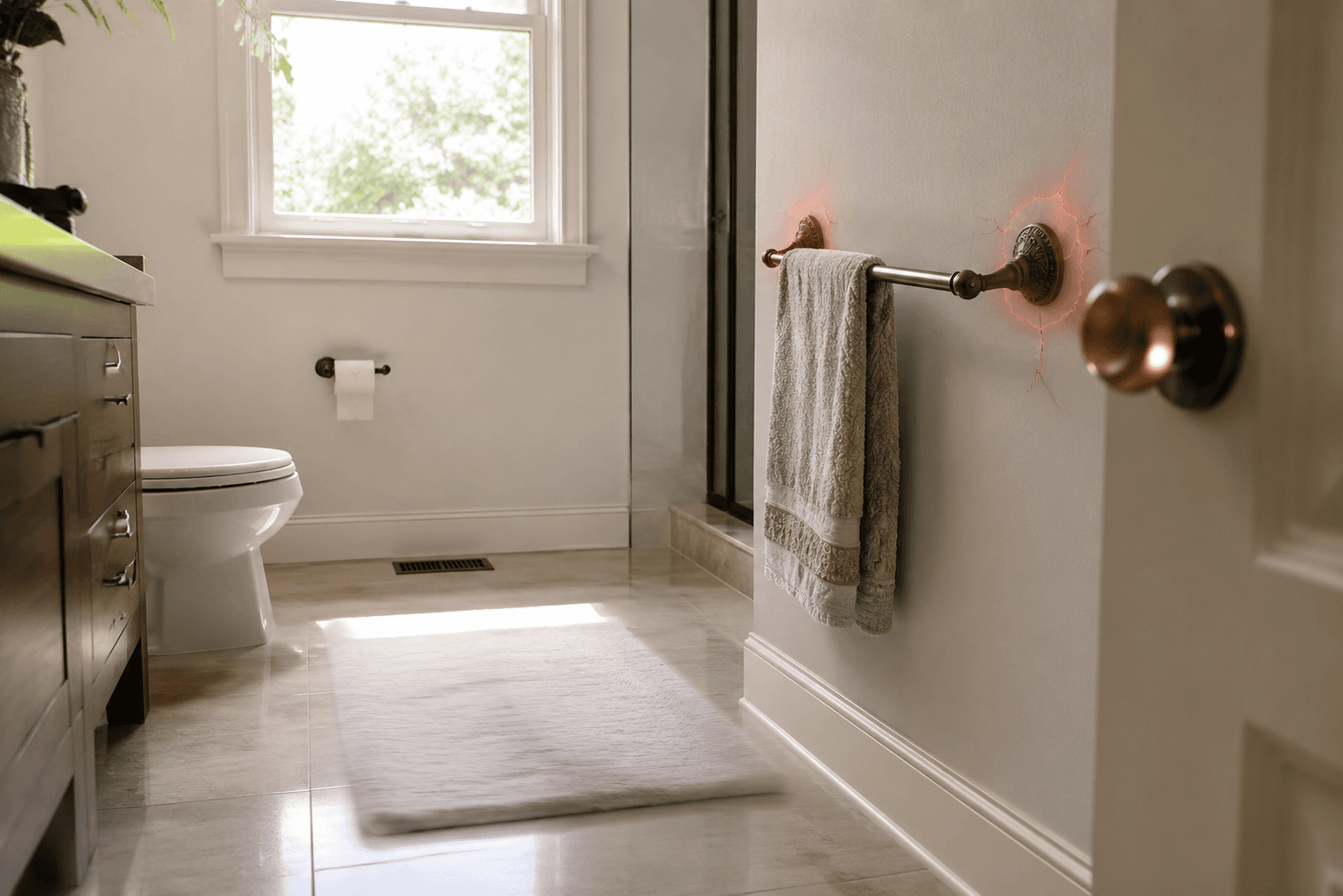 Modern bathroom with subtle hidden hazards including a towel bar, soft rug, glossy tile, and round doorknob