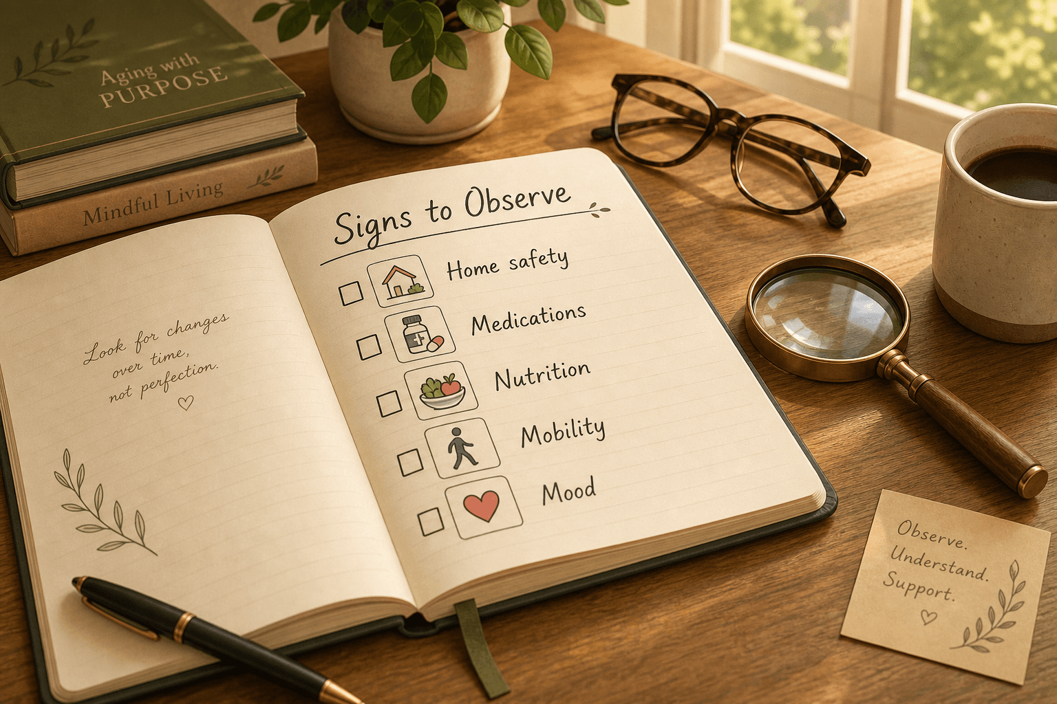 An open notebook on a wooden table with a handwritten checklist titled 'Signs to Observe' and items including home safety, medications, nutrition, mobility, and mood.