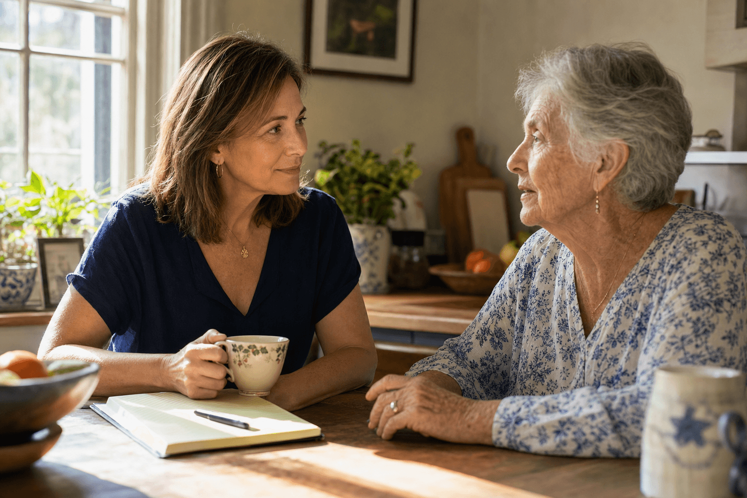 An adult daughter in her 40s sits at a sunlit kitchen table across from her elderly mother, a ceramic teacup and notepad between them, warm daylight streaming through a window. Both women face each other with calm, attentive expressions, conveying companionship in caregiving.
