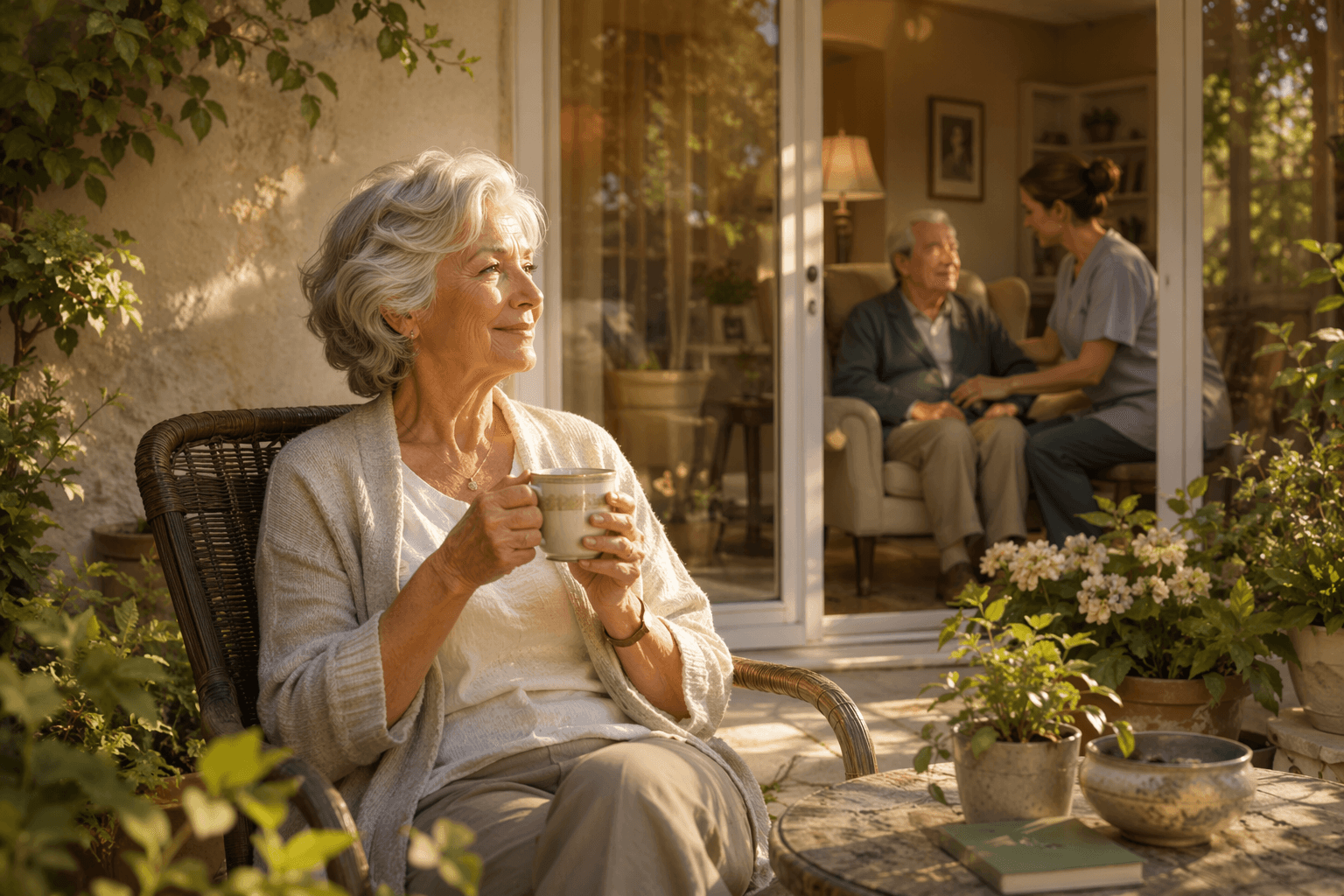 An older woman sits on a sunny patio holding a mug of tea, looking peaceful, while through a glass door behind her, her partner sits indoors with a home care aide.
