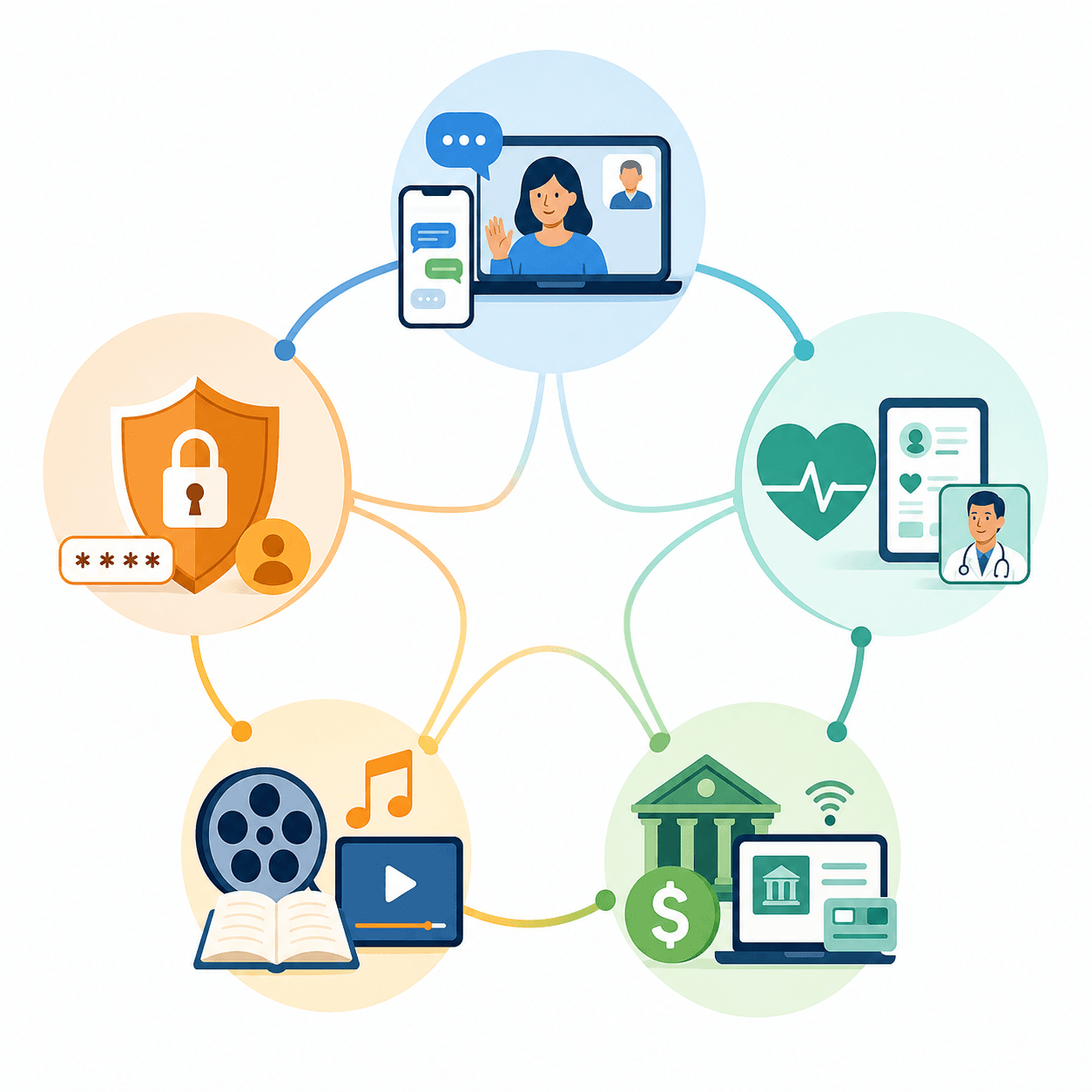 Five icons arranged in a circular connected layout: a speech bubble for communication, a heart icon for health, a banknote for finances, a music note for entertainment, and a shield for safety.