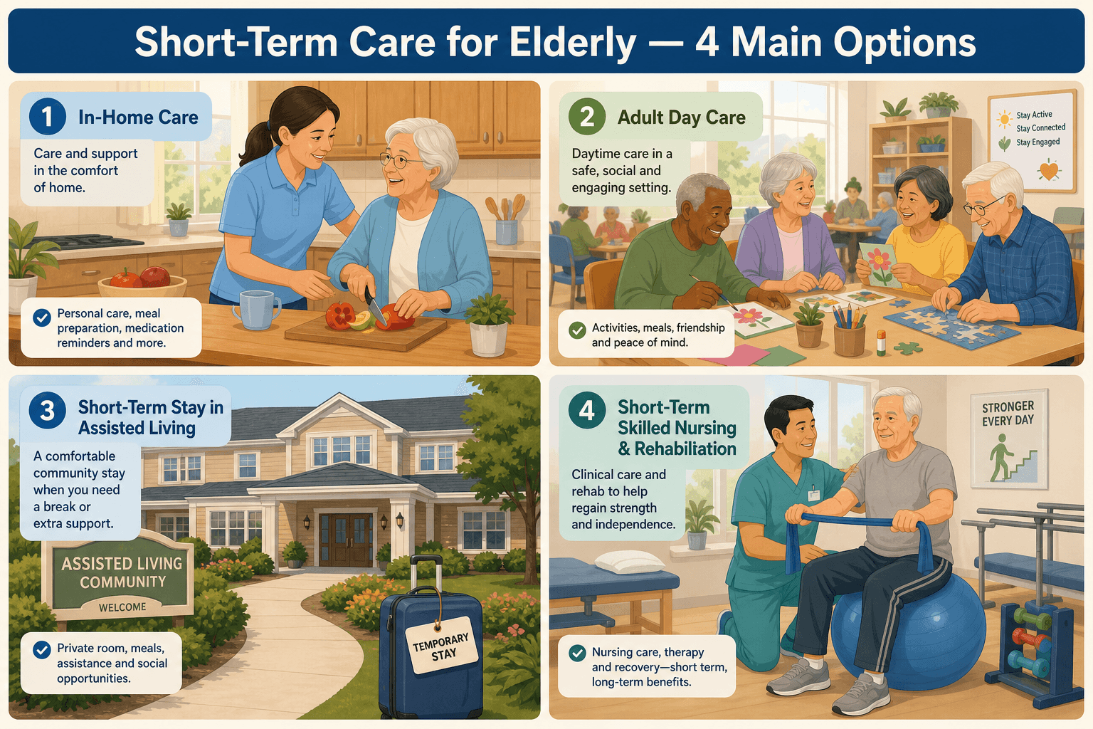 A quadrant grid illustration showing four short-term care options for elderly adults: in-home care, adult day care, short-term assisted living, and skilled nursing facility rehab.