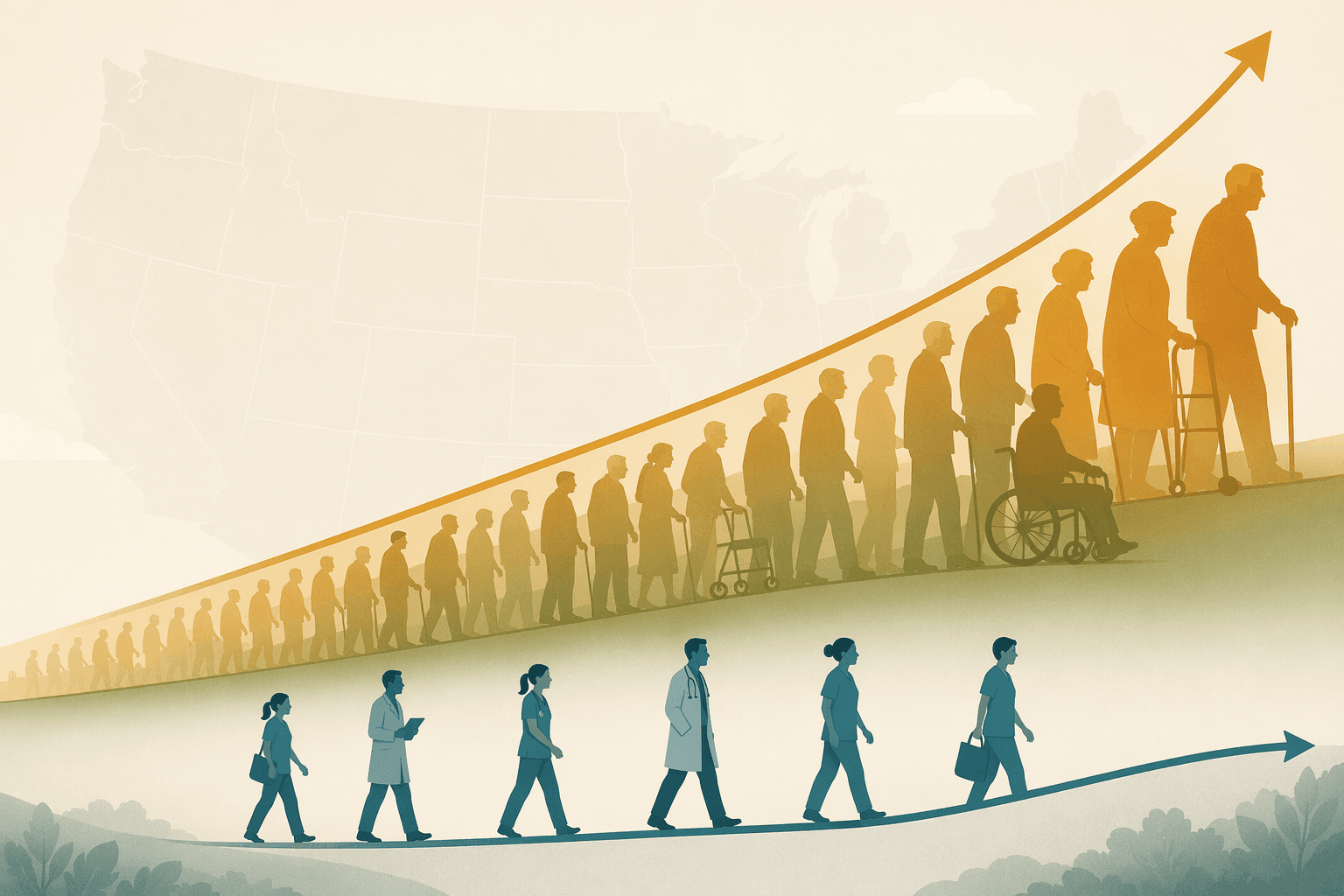 A flat vector illustration showing a rising wave of warm-colored senior silhouettes on a US map background, contrasted with a thinner line of teal-colored healthcare professional silhouettes, visually communicating the imbalance between growing senior population and limited health care workforce.