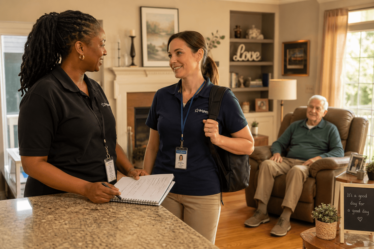 Two professional caregivers in a bright living room during a shift handoff — one caregiver points at a notebook with care notes on a kitchen counter while the other listens, and a calm elderly person sits in an armchair nearby.