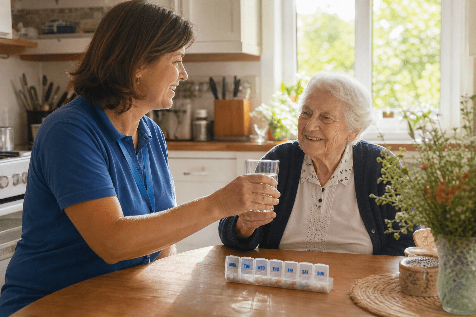 A middle-aged female caregiver sits beside an elderly woman at a sunlit kitchen table, gently handing her a glass of water while a weekly pill organizer rests nearby.