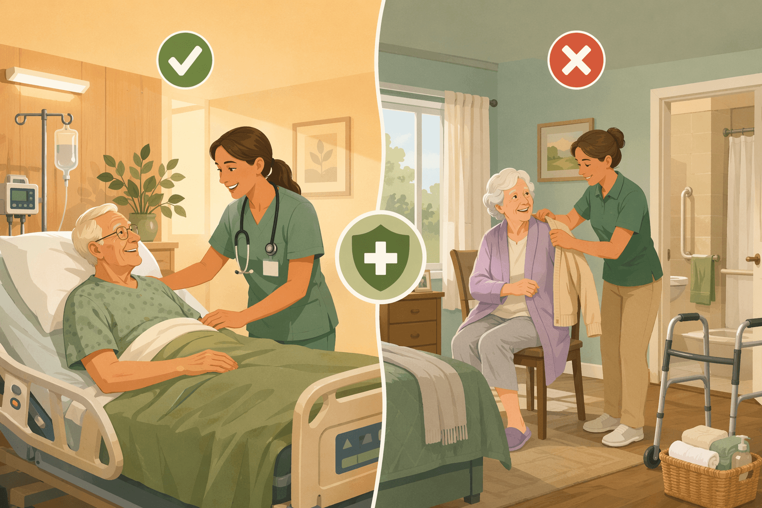 Split illustration showing a senior receiving skilled nursing care with a green checkmark on the left, and a senior needing daily living assistance with a red X on the right.