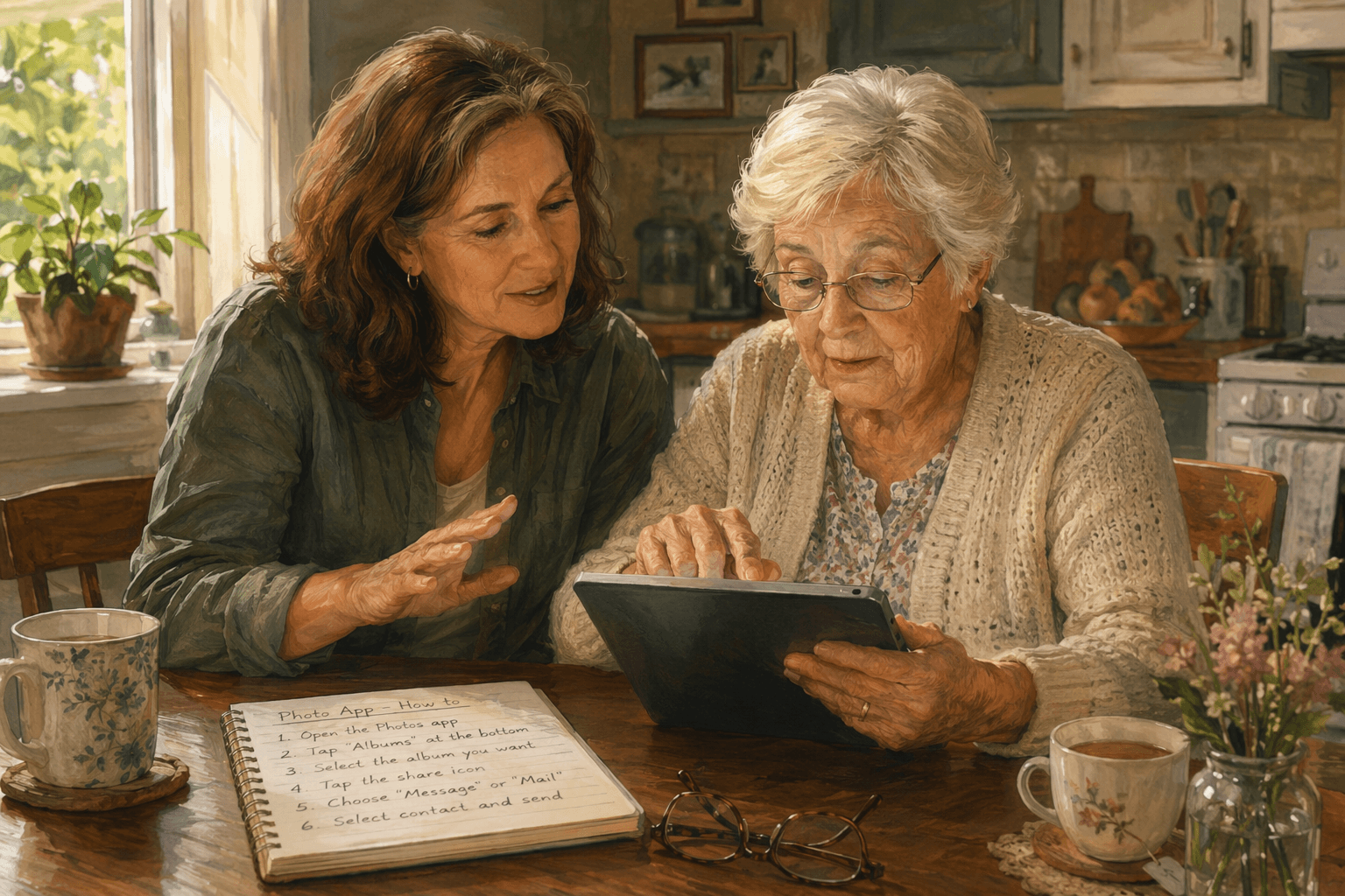 An adult child in their 40s sits beside an older parent in their 70s at a sunlit kitchen table. Both look at a tablet; the older parent's finger touches the screen while the adult child's hand hovers near without touching. A mug of tea, eyeglasses, and a handwritten notebook sit on the table.