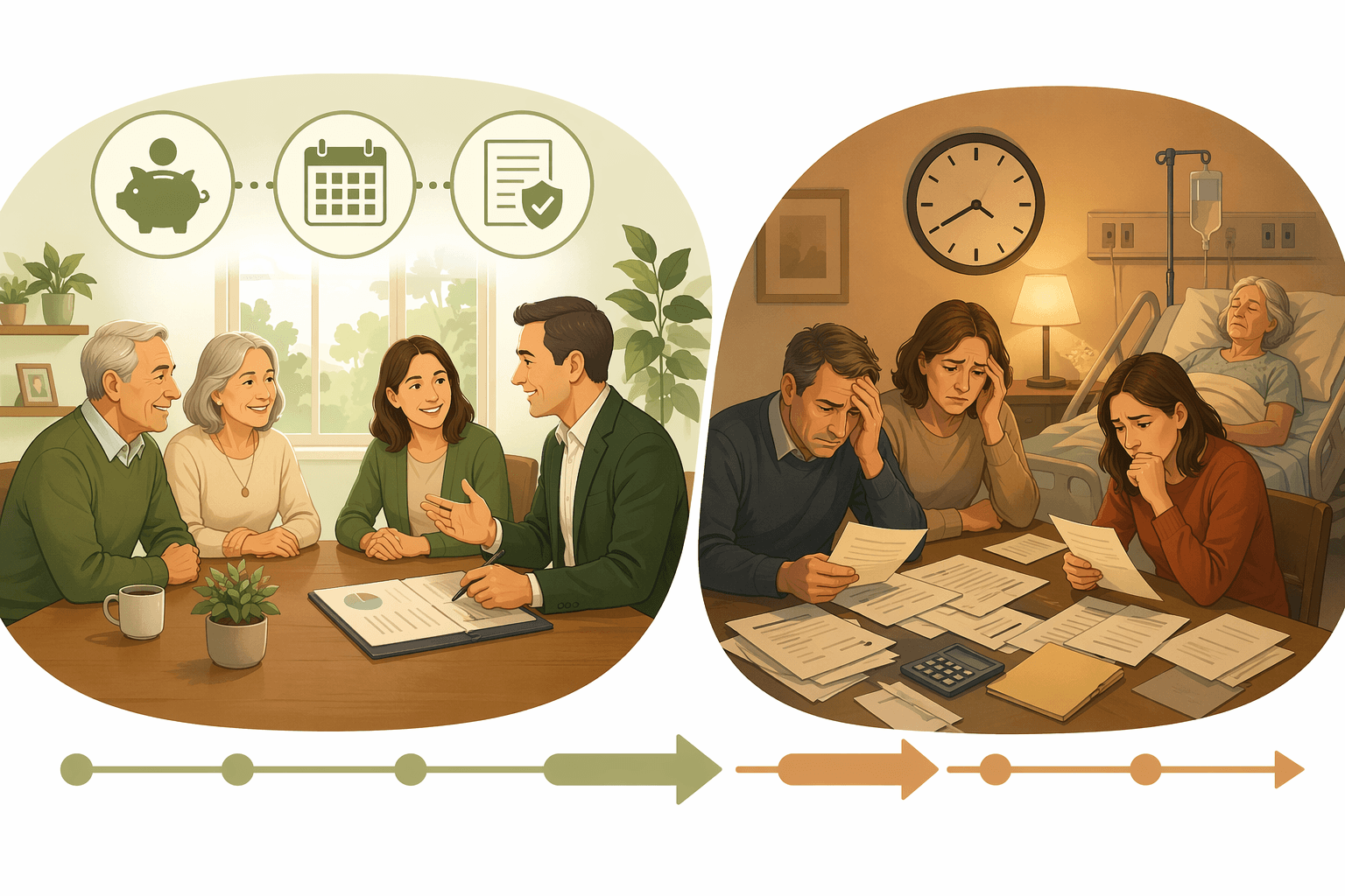 Side-by-side illustration showing a calm family meeting with a financial advisor on the left (proactive planning) and a stressed family with scattered papers on the right (crisis situation).