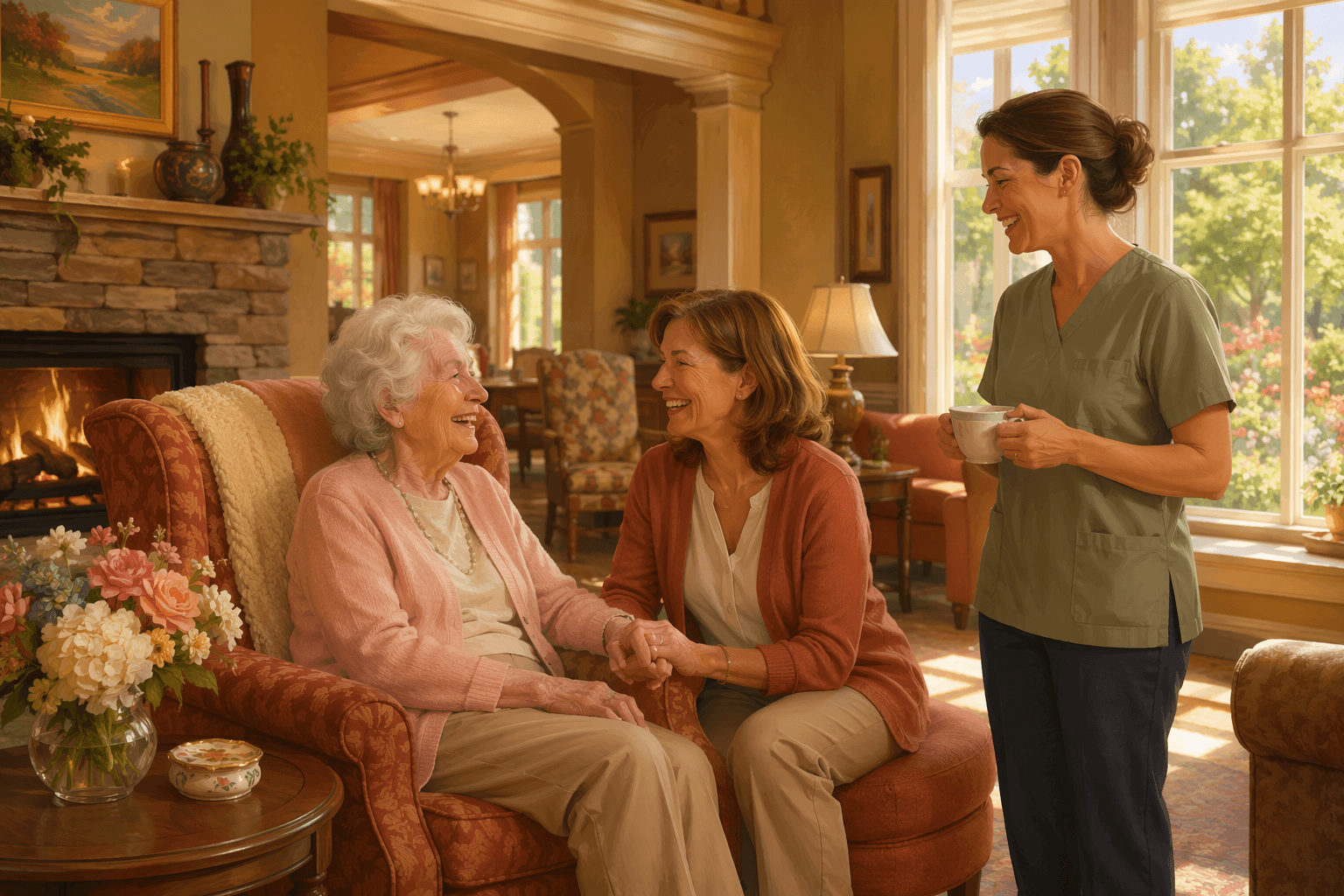 An adult daughter sitting beside her elderly mother in an armchair near a sunlit window while a friendly caregiver nearby holds a cup of tea, inside a living room with a stone fireplace and warm earth-tone furnishings.