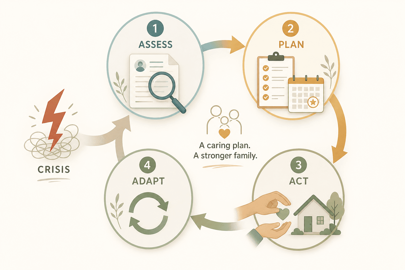 A circular four-phase diagram: Assess (magnifying glass), Plan (checklist), Act (hands and home), Adapt (refresh cycle), with a crisis icon flowing into the cycle.