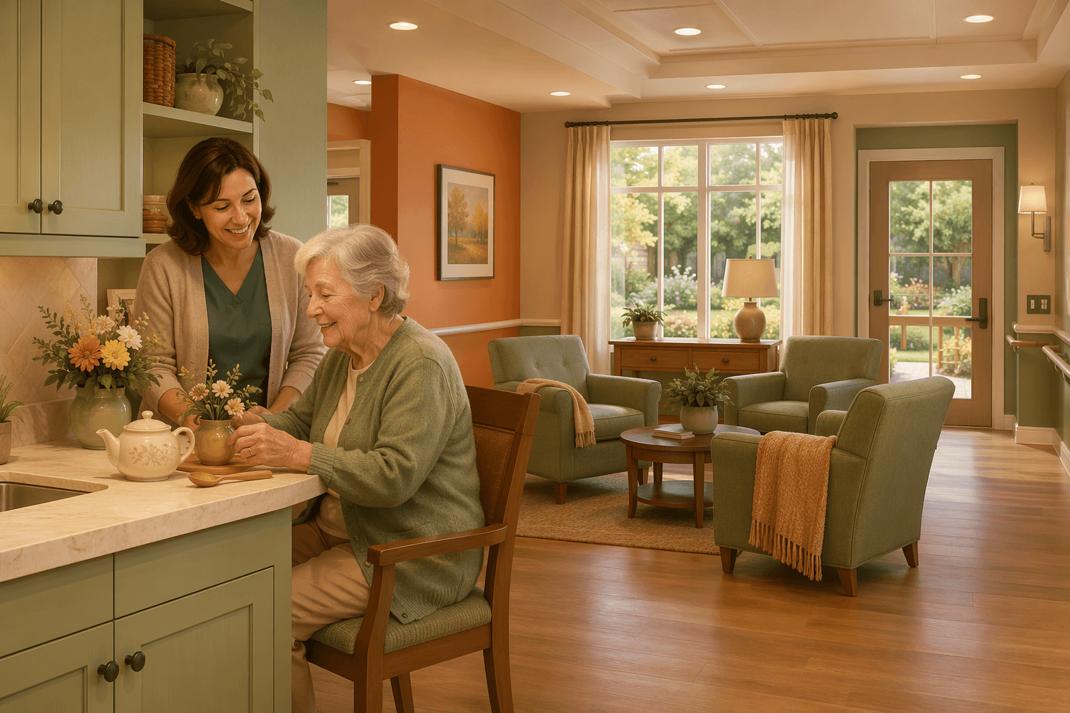 A secure memory care neighborhood common room with sage green and beige tones, where an older woman with gray hair engages with a life skills station kitchenette counter alongside a caregiver, with comfortable armchairs, soft lighting, and garden views.
