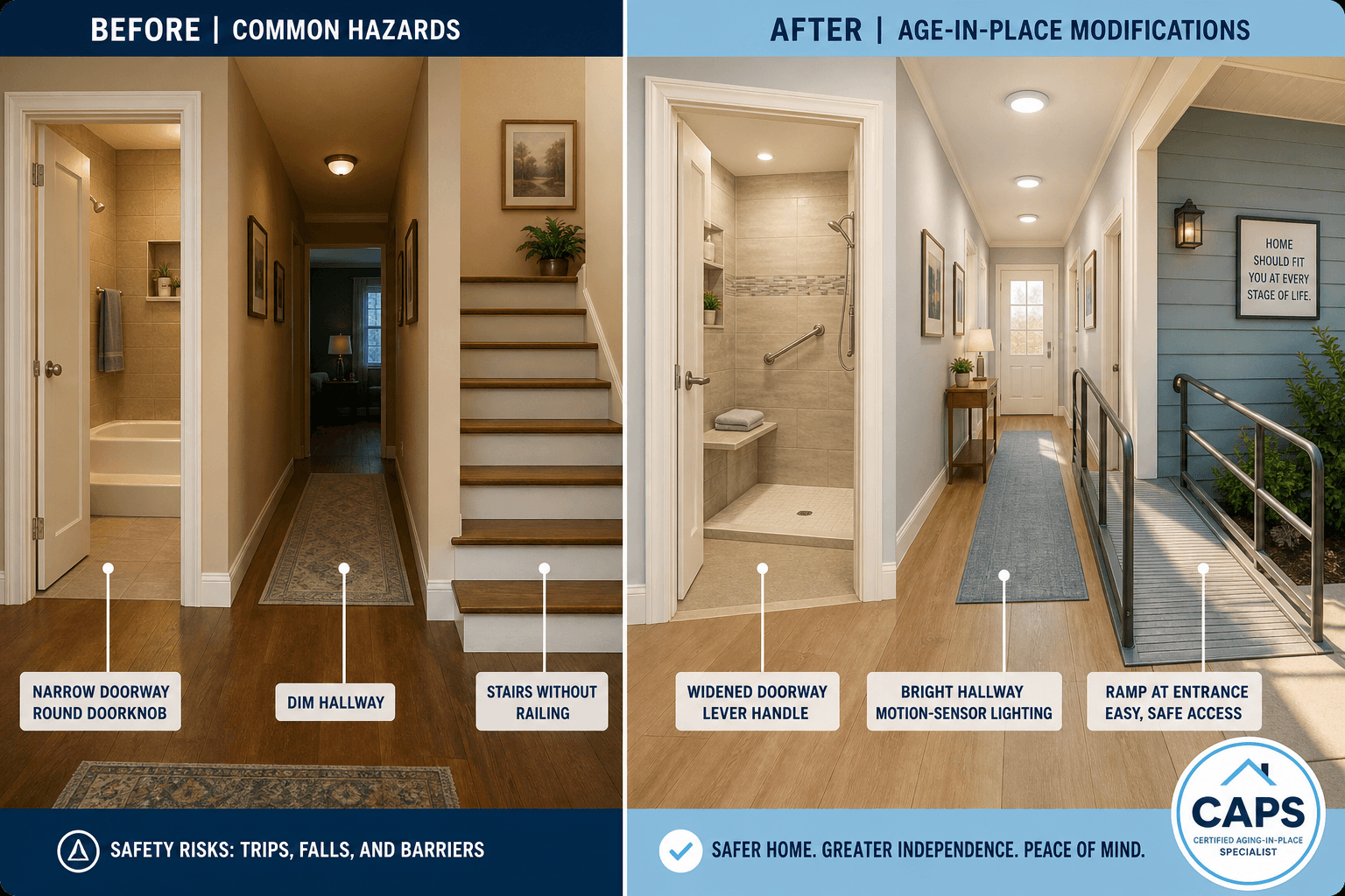 Split-view illustration comparing a home before and after CAPS aging-in-place modifications.