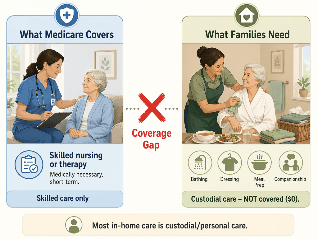 An explanatory illustration with two columns: 'What Medicare Covers' showing skilled nursing and therapy, and 'What Families Need' showing custodial care with a red 'Coverage Gap' between them.