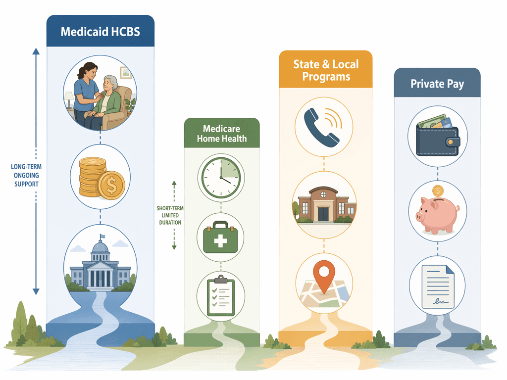 Four colored columns side by side represent home care payment pathways: Medicaid HCBS (tallest column, person-at-home and state icons), Medicare Home Health (short column, clock and medical bag icons), State & Local Programs (phone and community center icons), and Private Pay (wallet and piggy bank icons).