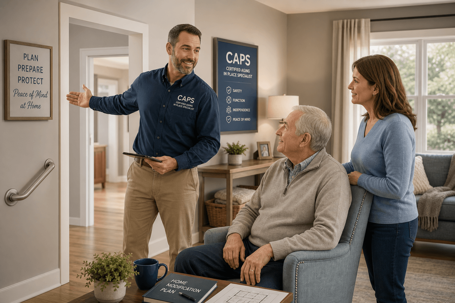 A CAPS-certified contractor wearing a work shirt with a visible CAPS badge gestures toward a doorway while consulting with an older adult seated in an armchair and their adult child standing beside them in a bright living room. A grab bar is installed on a nearby wall.