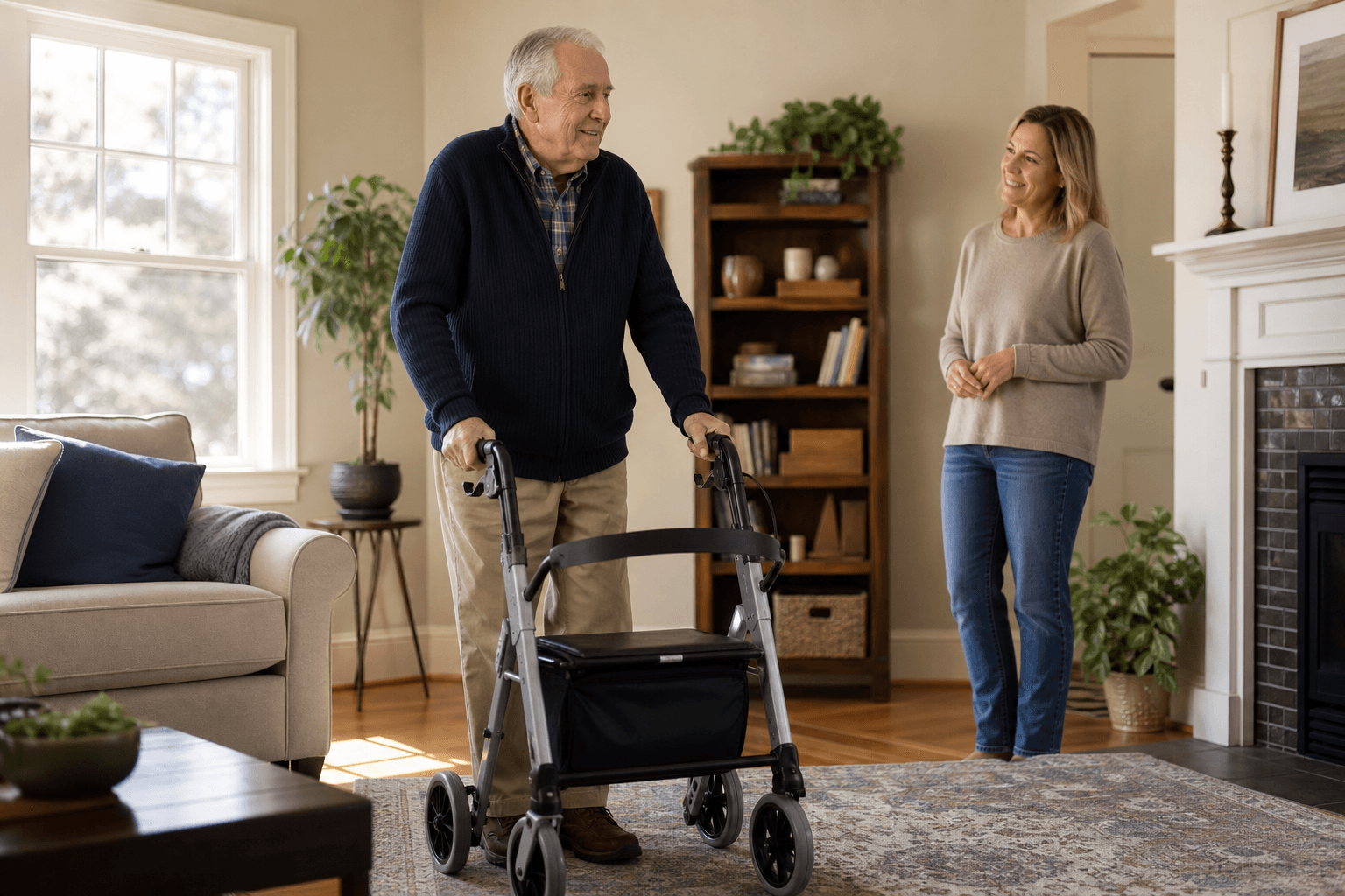 An older man standing with a rollator walker in a warmly lit living room, with an adult woman nearby in a supportive posture.