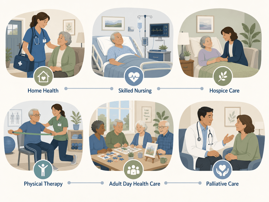 A grid illustration showing six types of clinical senior health care services, each with a simple icon and label: home health, skilled nursing, hospice, physical therapy, adult day health care, and palliative care.