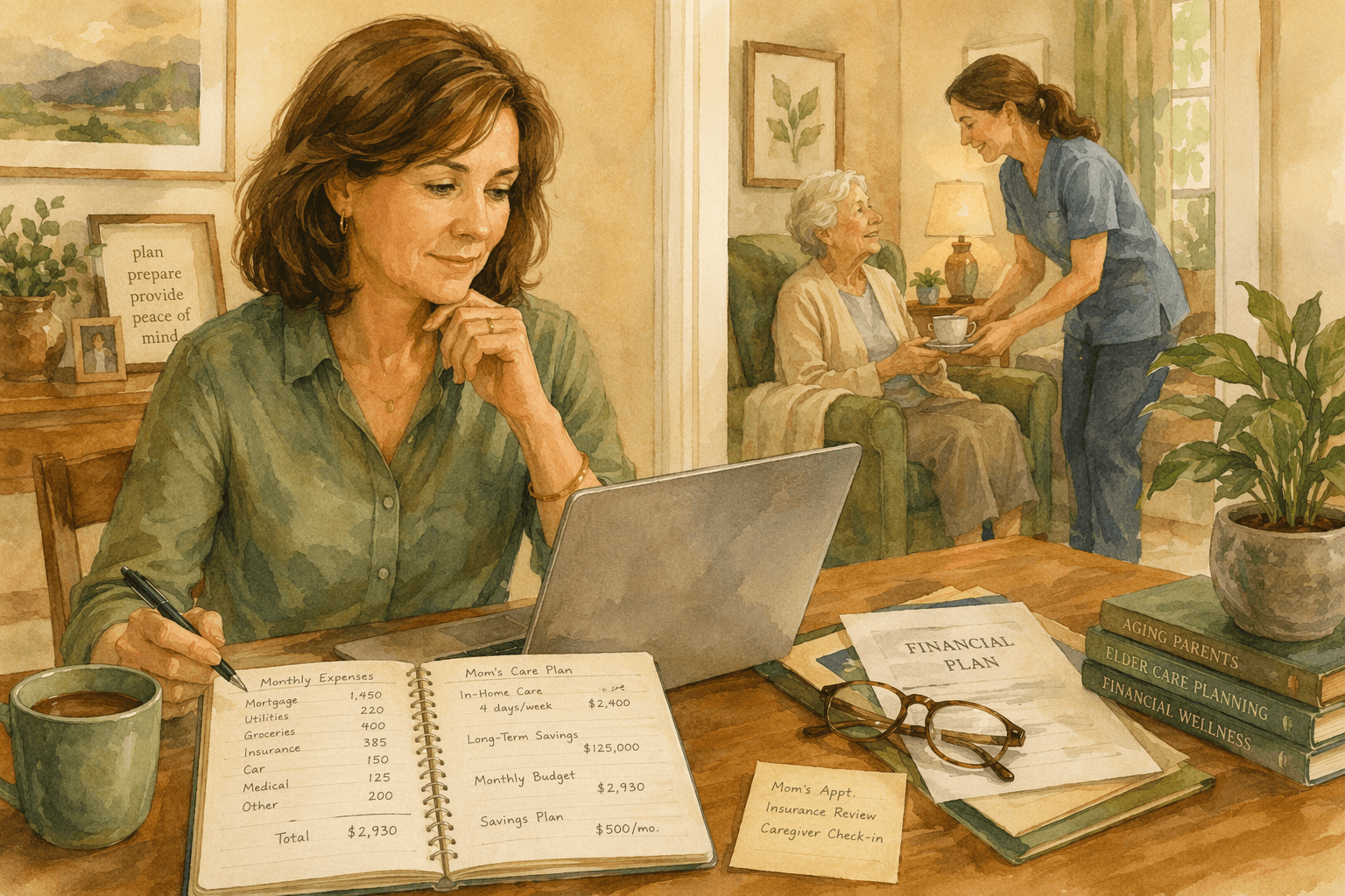 An adult daughter sits at a sunlit kitchen table with a laptop, coffee, and a notebook of financial calculations. Through a doorway, her elderly mother rests in an armchair while a caregiver offers tea.