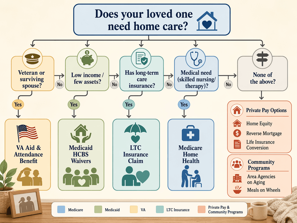 A clean decision flowchart illustration for home care funding with color-coded arrows branching to VA Aid & Attendance, Medicaid HCBS Waivers, Long-Term Care Insurance, Medicare home health, and private pay and community programs.