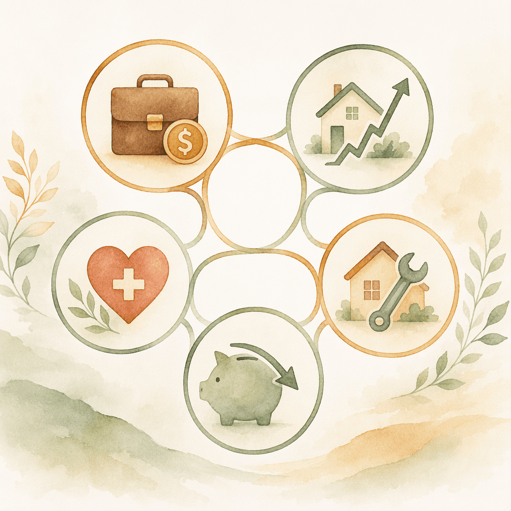 Five interconnected circular nodes with icons representing the hidden costs of caregiving: lost income, increased expenses, health costs, home modifications, and lost retirement savings.