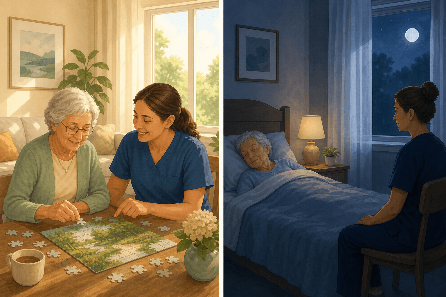 Side-by-side editorial illustration comparing daytime care on the left with overnight care on the right.