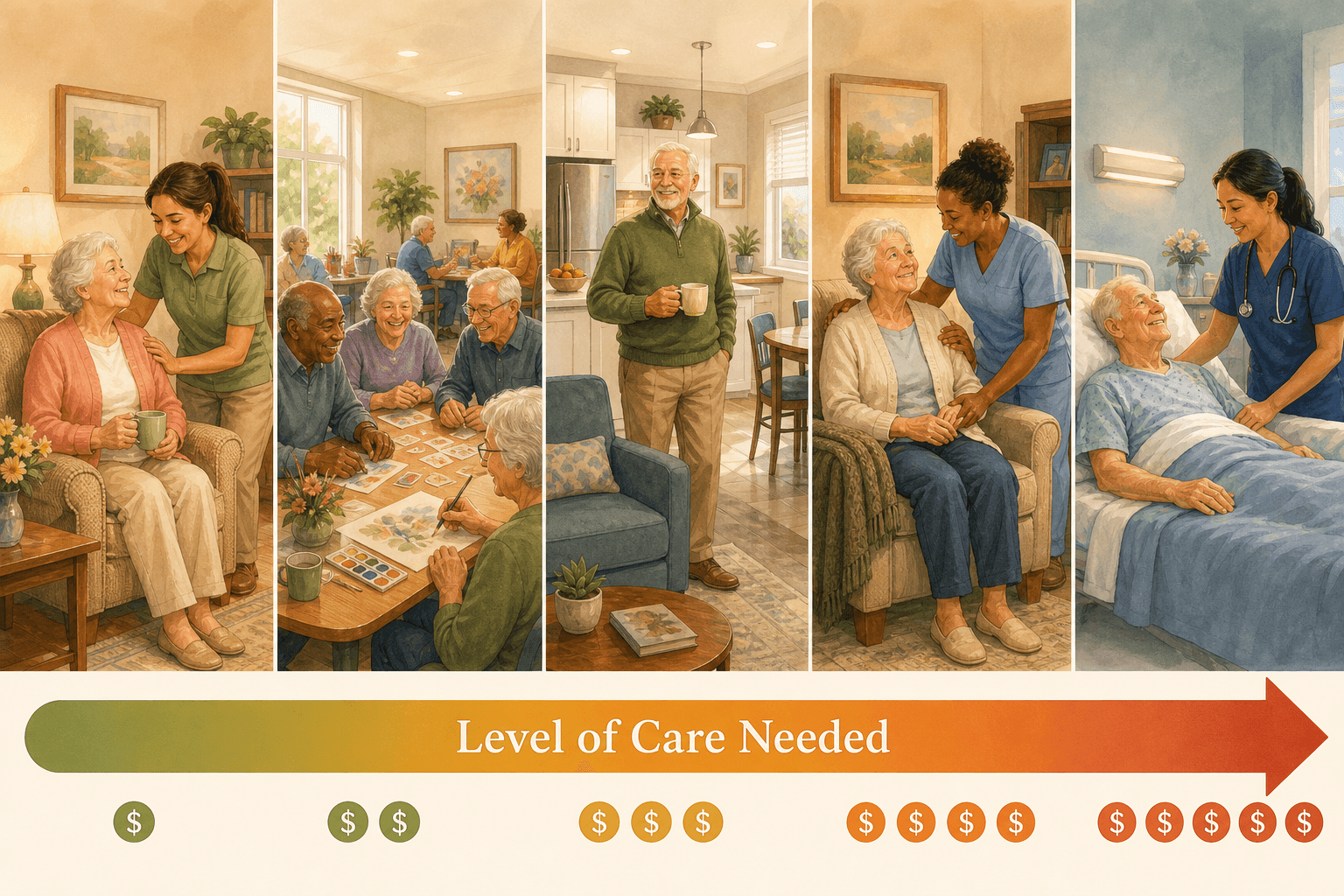A horizontal editorial illustration showing five senior care scenes from least intensive (aging in place at home) to most intensive (skilled nursing), with a gradient arrow labeled 'Level of Care Needed' increasing left to right.