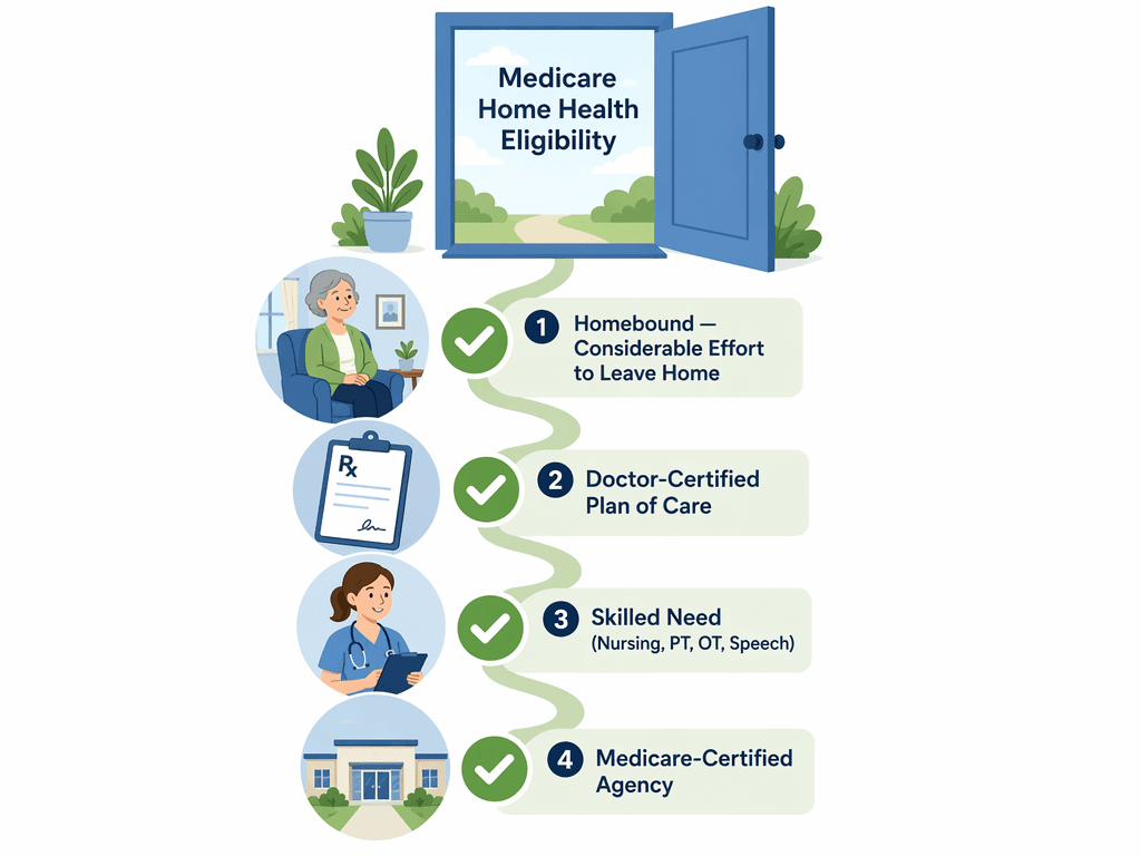 A flat vector eligibility flowchart on a clean white background with four connected steps, each with a green checkmark: a house icon labeled 'Homebound', a prescription pad labeled 'Doctor-Certified Plan of Care', a nurse icon labeled 'Skilled Need', and a building icon labeled 'Medicare-Certified Agency'.