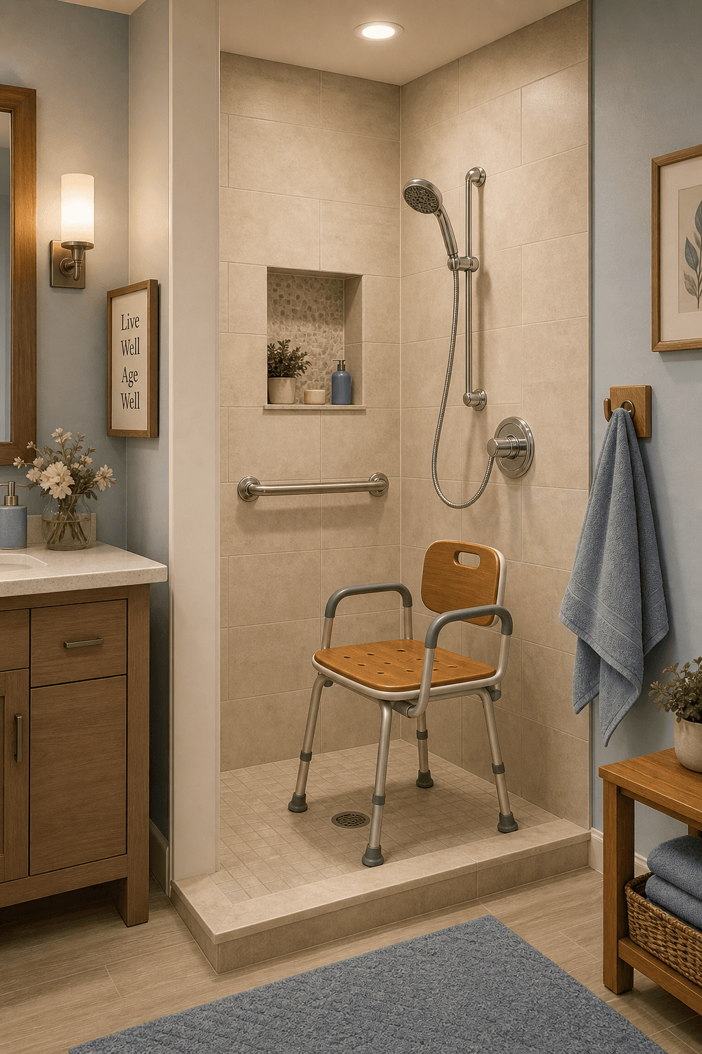 A warm, well-lit bathroom with a walk-in shower containing a wood-toned shower chair, a wall-mounted chrome grab bar, a handheld showerhead on a sliding dock, and a folded towel within reach.