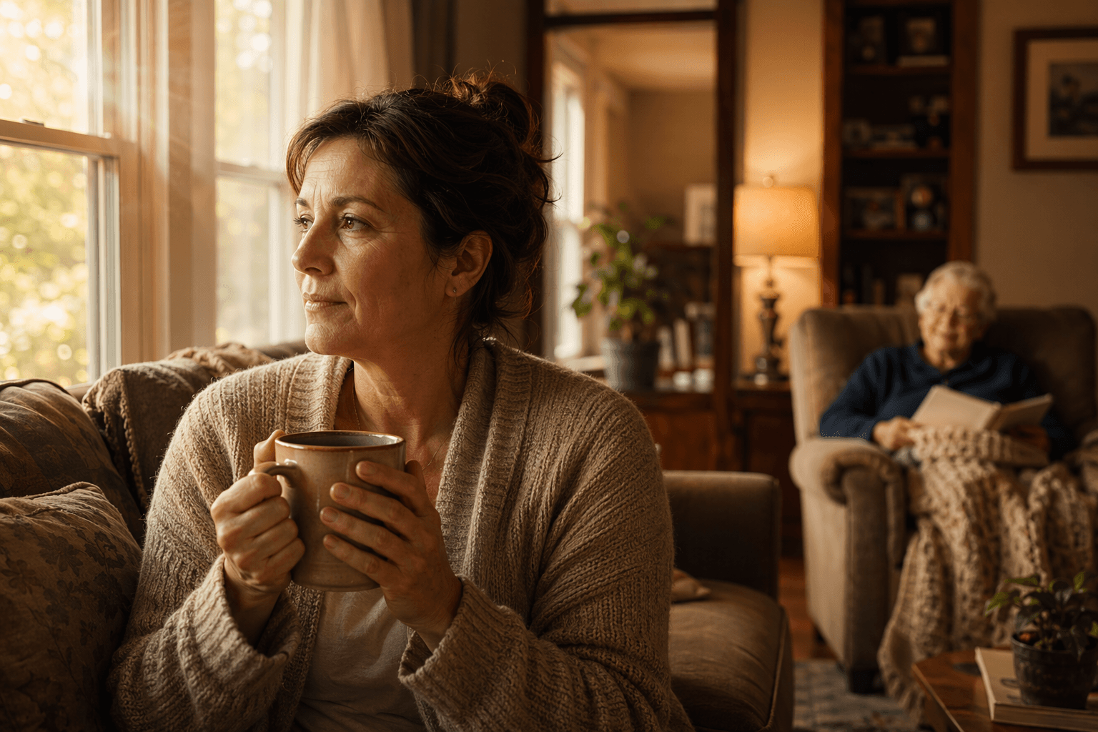 A middle-aged woman sits alone on a sofa in a sunlit living room, holding a warm mug and gazing out a window. In the softly blurred background, an elderly parent rests comfortably in an armchair.