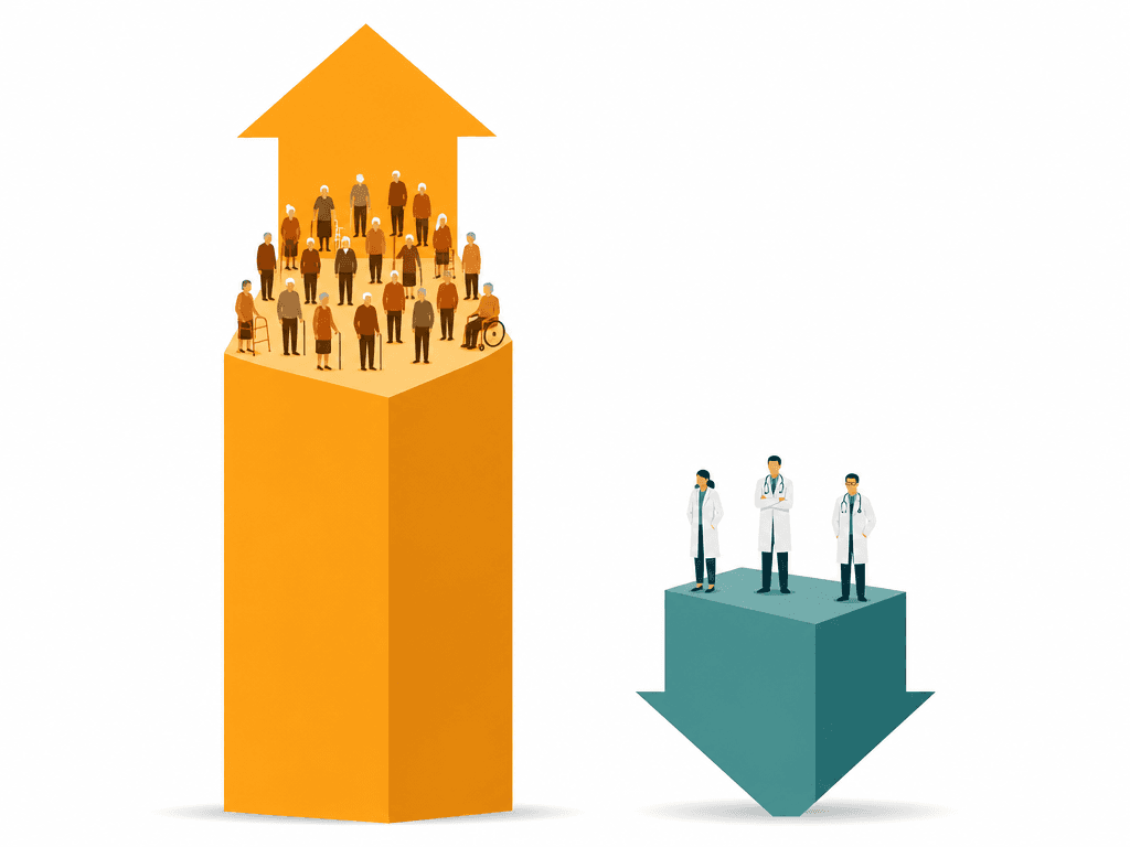 A flat vector comparison illustration with two bars: a tall warm orange bar rising upward with many senior silhouettes representing the 60% increase in the 65+ population, and a short muted teal bar pointing downward with a few doctor silhouettes representing the 28% decline in geriatricians, on a clean white background.