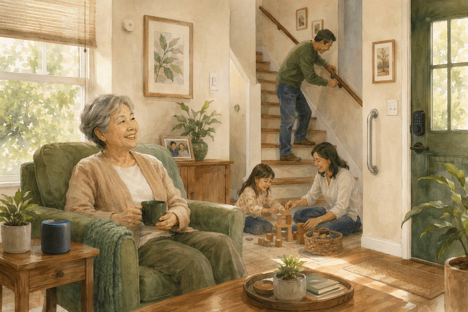 A watercolor-style digital illustration of a sunlit living room with an older adult seated in an armchair, an adult child adjusting a stair handrail in the background, a grab bar near an entryway, and subtle smart home elements including a motion sensor, smart speaker, and keypad door lock. Warm earth tones of beige, sage green, and warm wood create a non-clinical, family-oriented atmosphere.