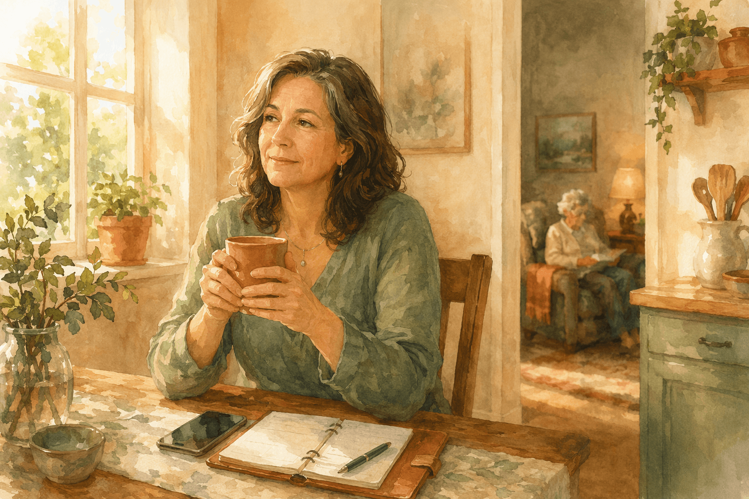 A middle-aged woman sits at a kitchen table holding a warm mug, with a phone and planner nearby, warm golden sunlight streaming in from a window.