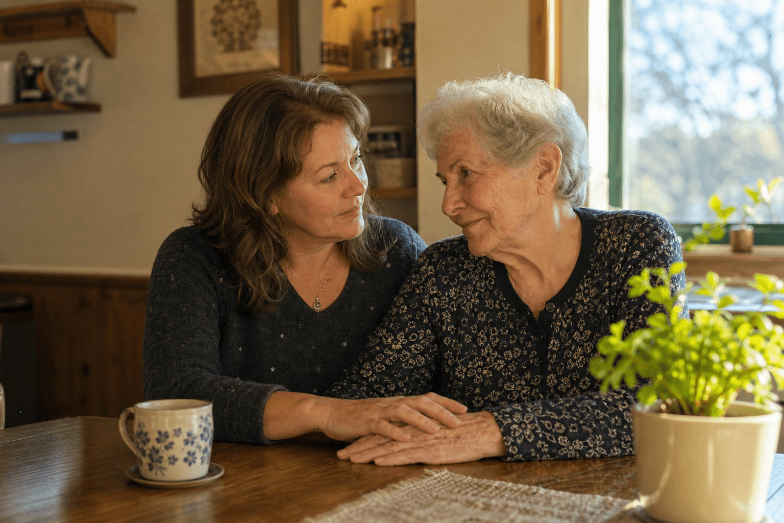 An adult daughter in her late 40s sits beside her elderly mother with silver hair at a wooden kitchen table, their hands gently overlapping on the tabletop.
